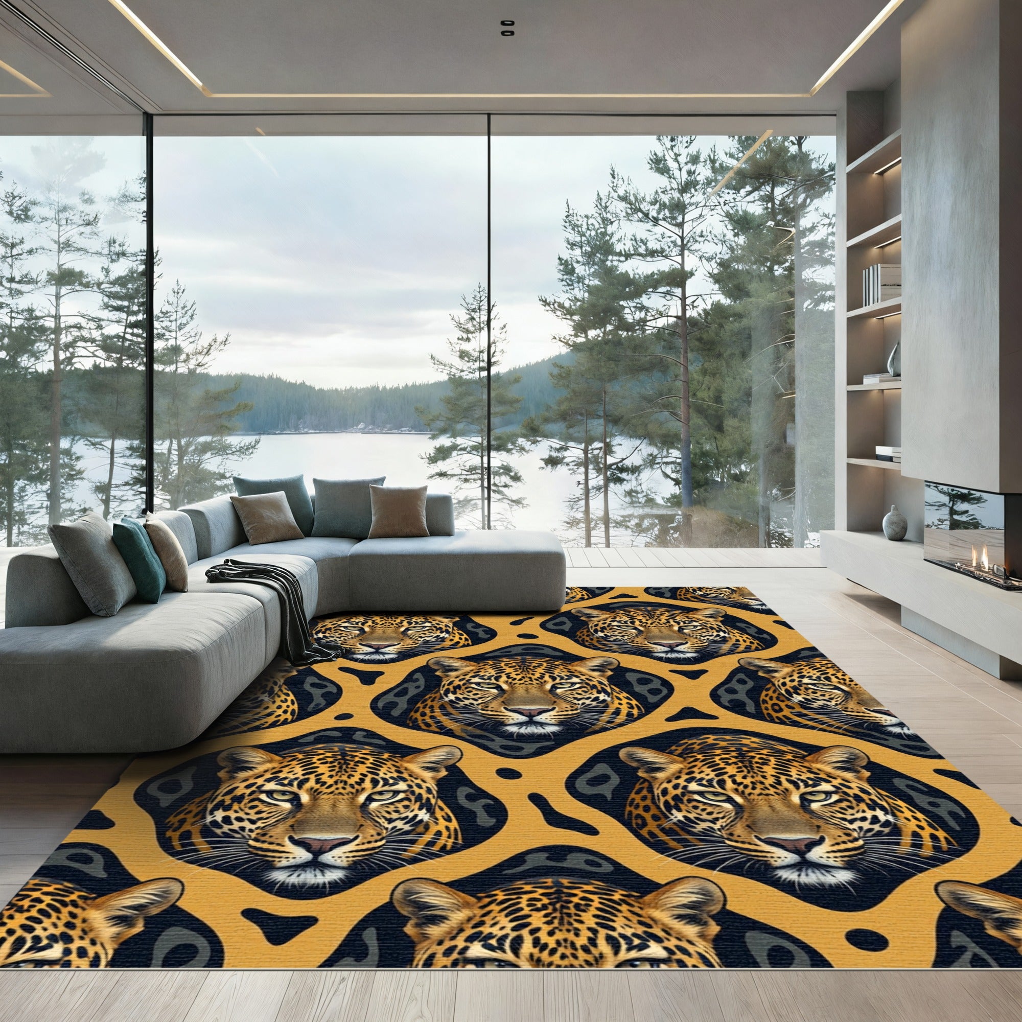 Fierce Leopard Head Golden Ochre Rug