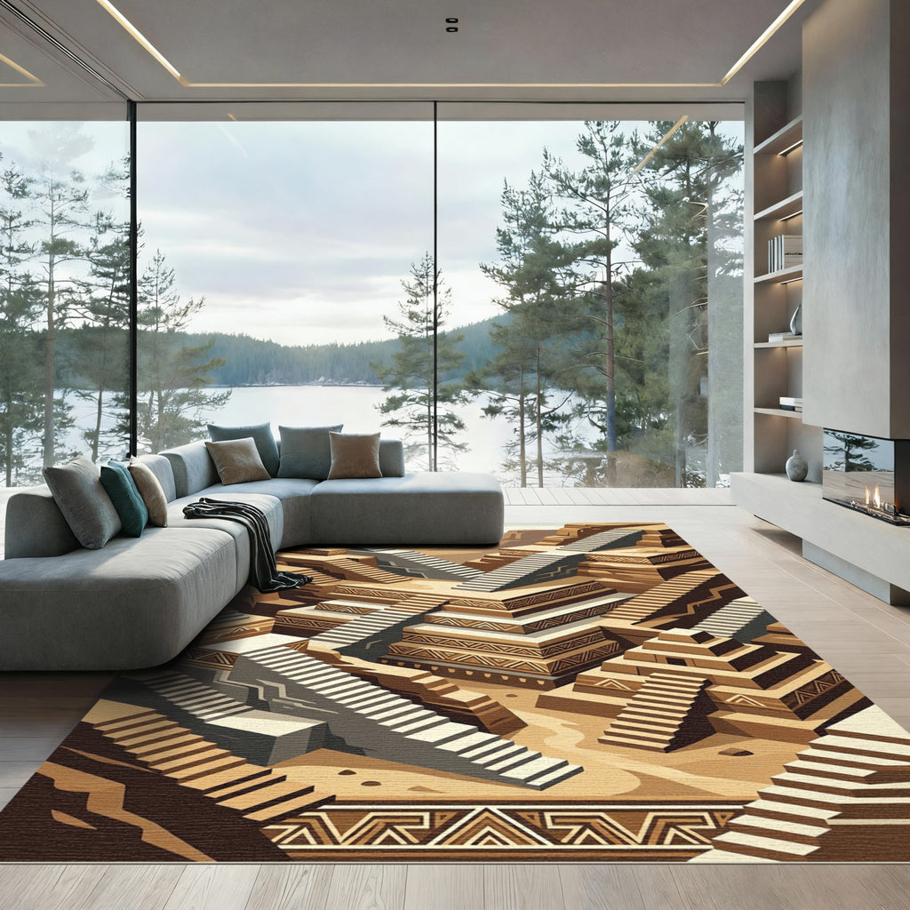 Earthy Brown Geometric Stairway Landscape Rug