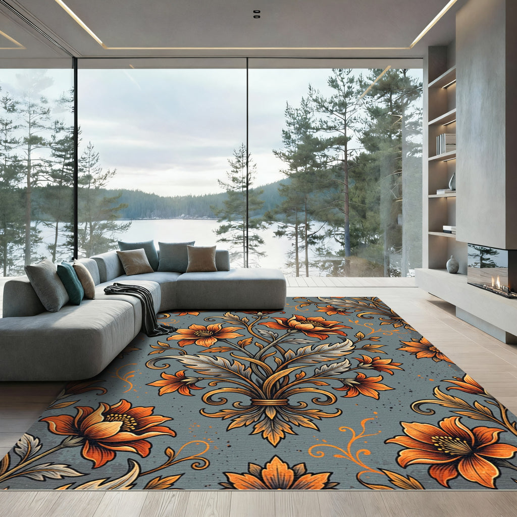 Golden Orange Floral Botanical Damask Rug