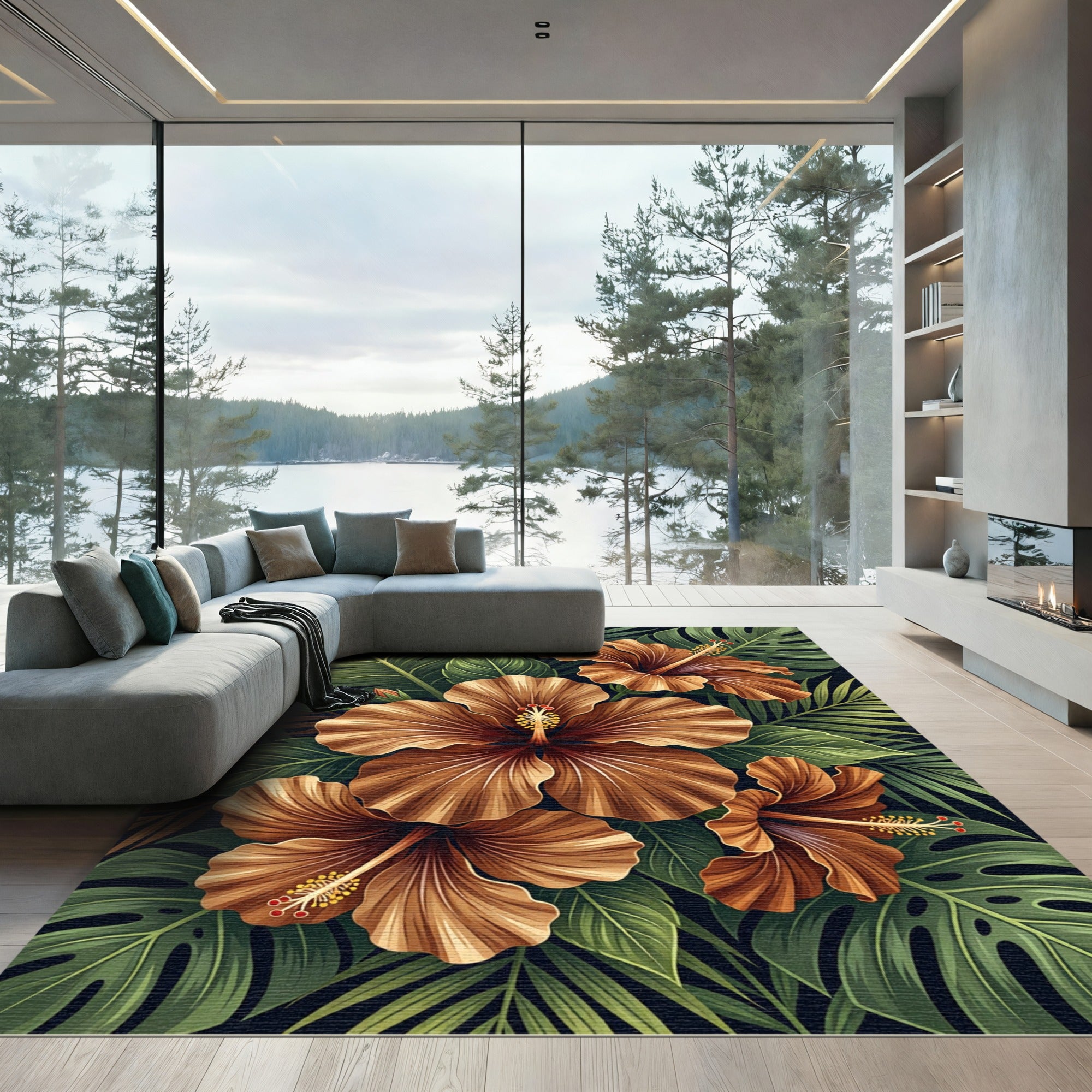 Golden Tropical Hibiscus Botanical Arrangement Rug