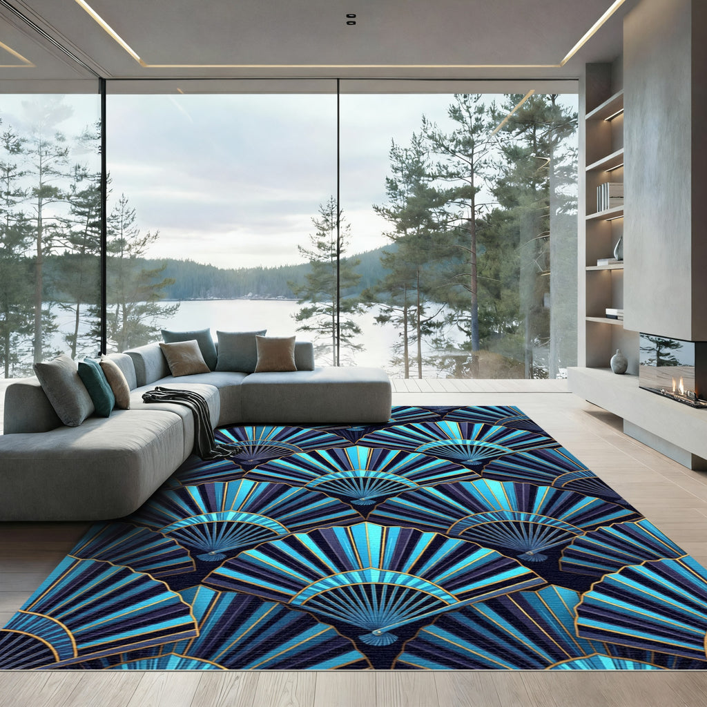 Art Deco Blue Gold Fan Repeat Rug