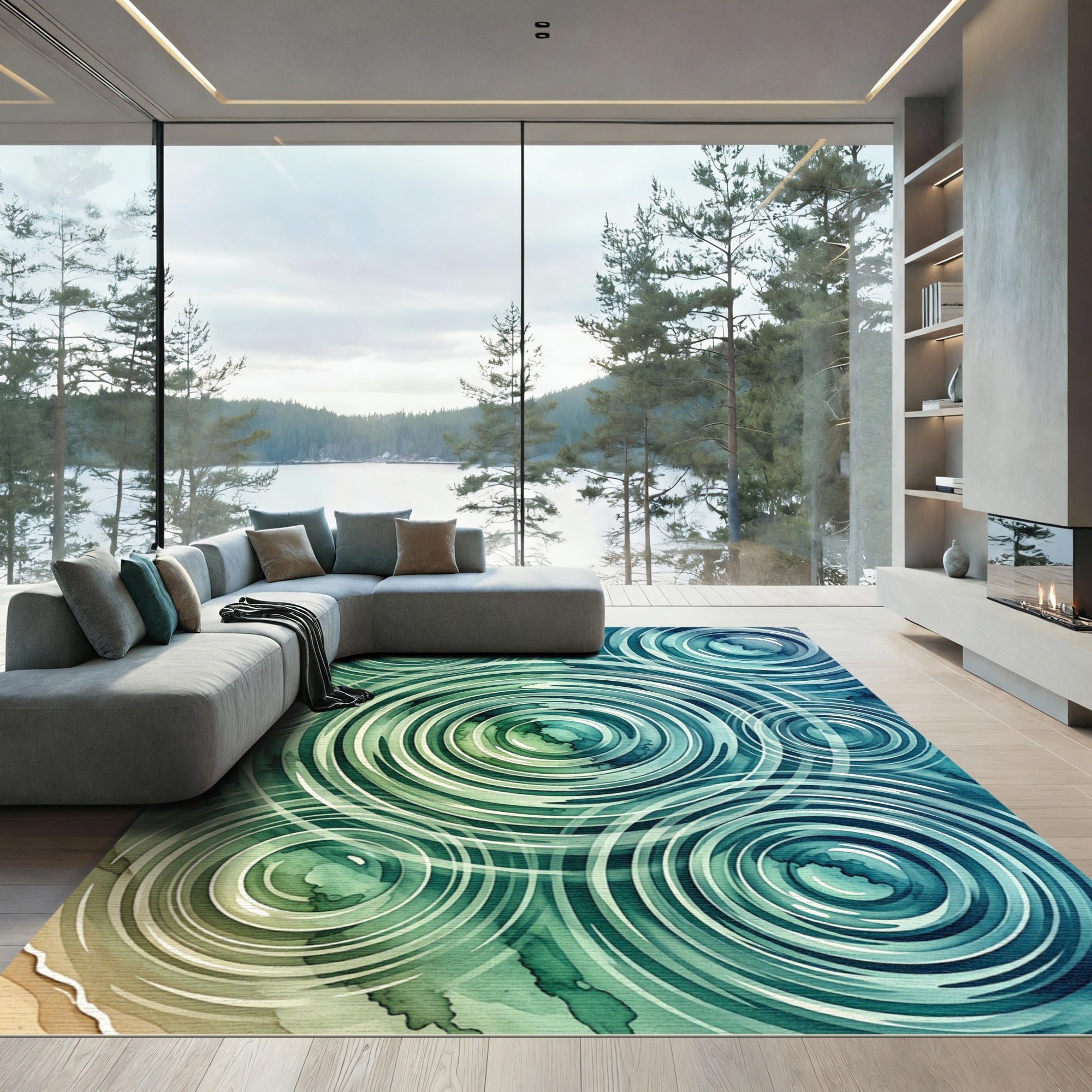 Ethereal Blue Teal Rippling Water Circles Rug