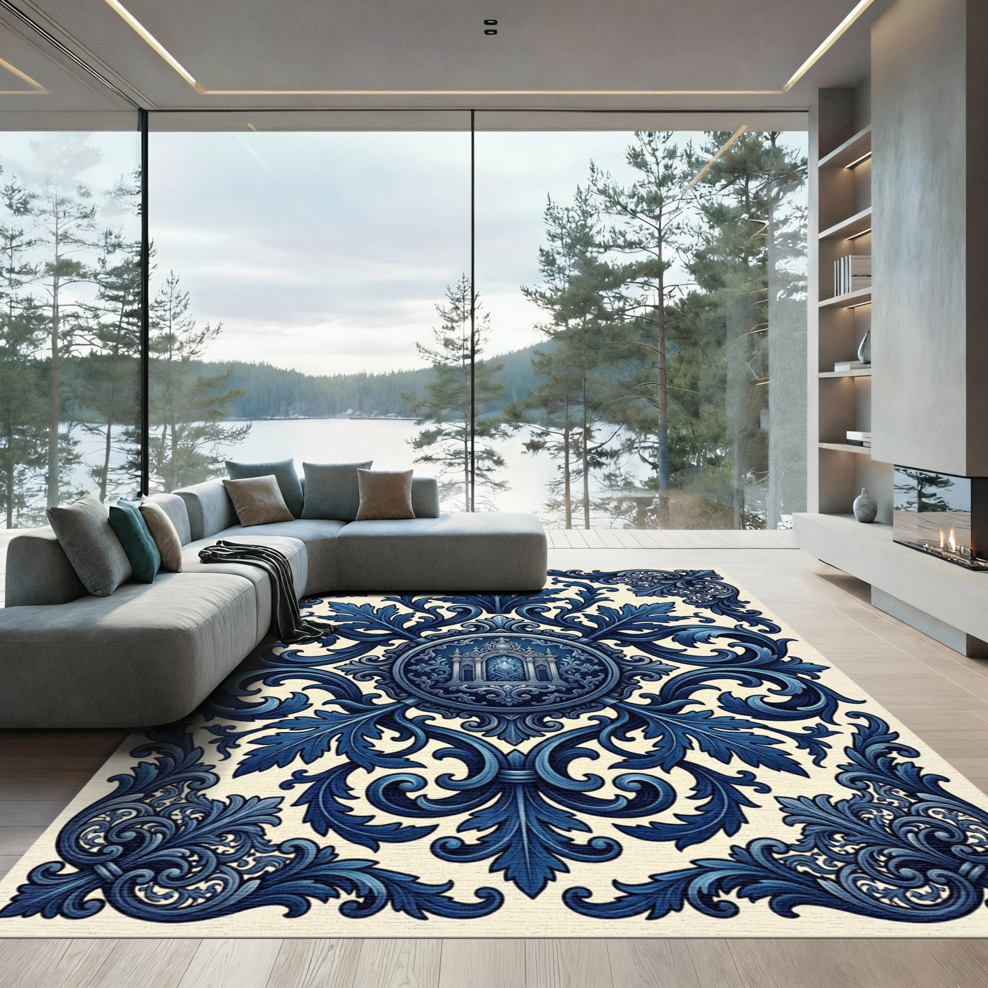 Deep Blue Ornate Architectural Scrollwork Rug
