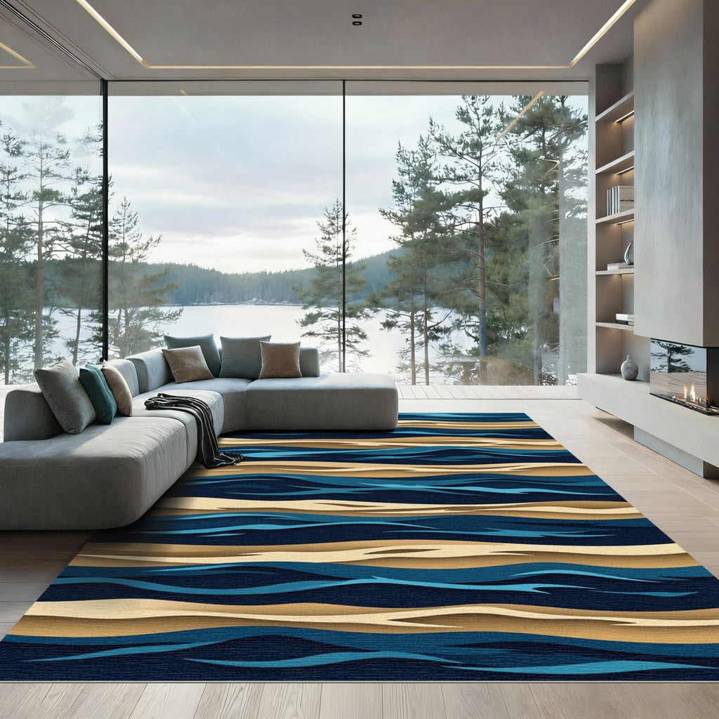 Modern Navy and Gold Abstract Waves Rug