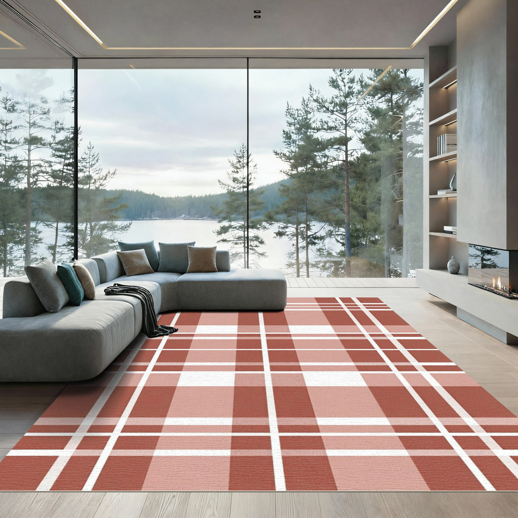 Terracotta White Classic Plaid Stripes Rug