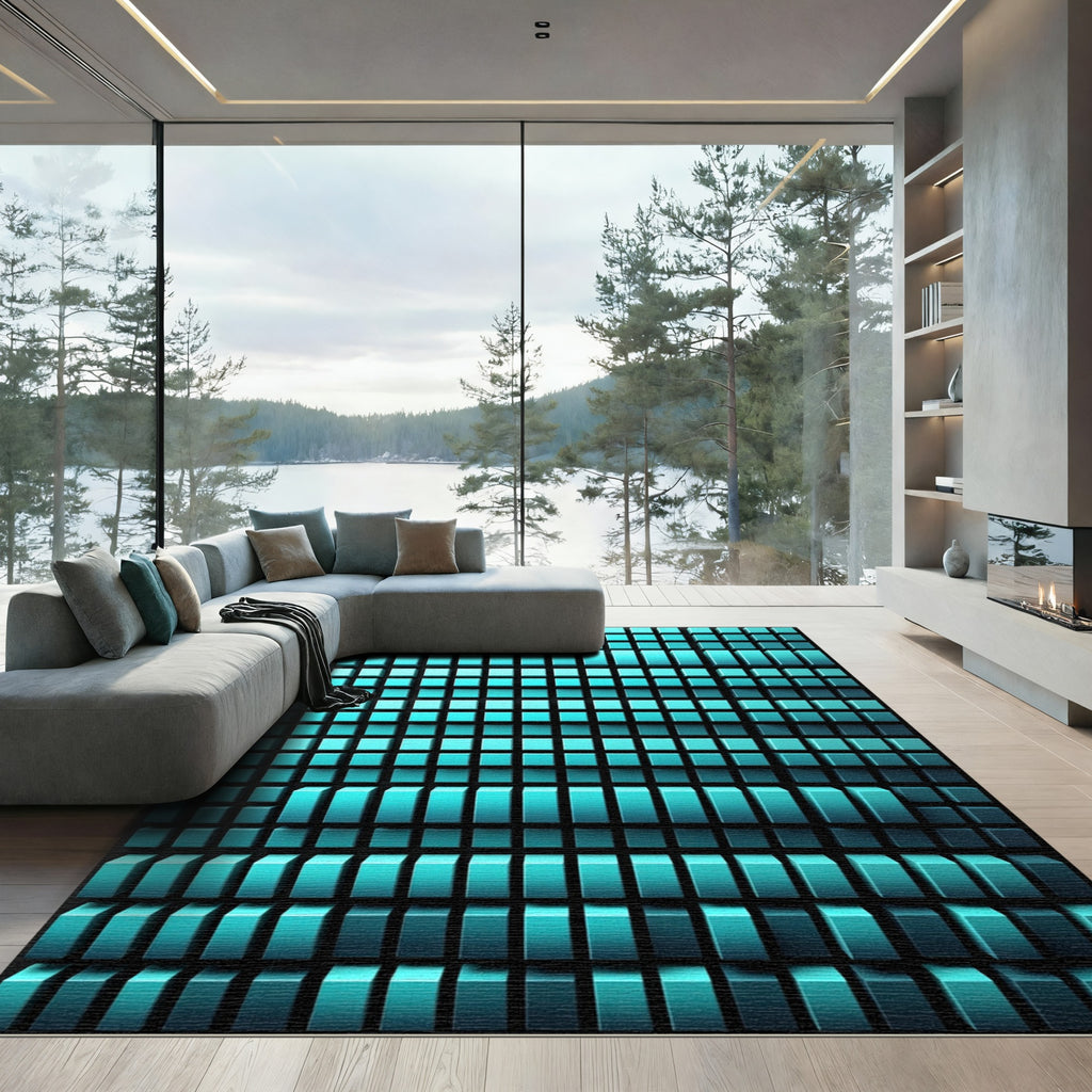 Cyan Geometric Isometric 3D Cube Rug