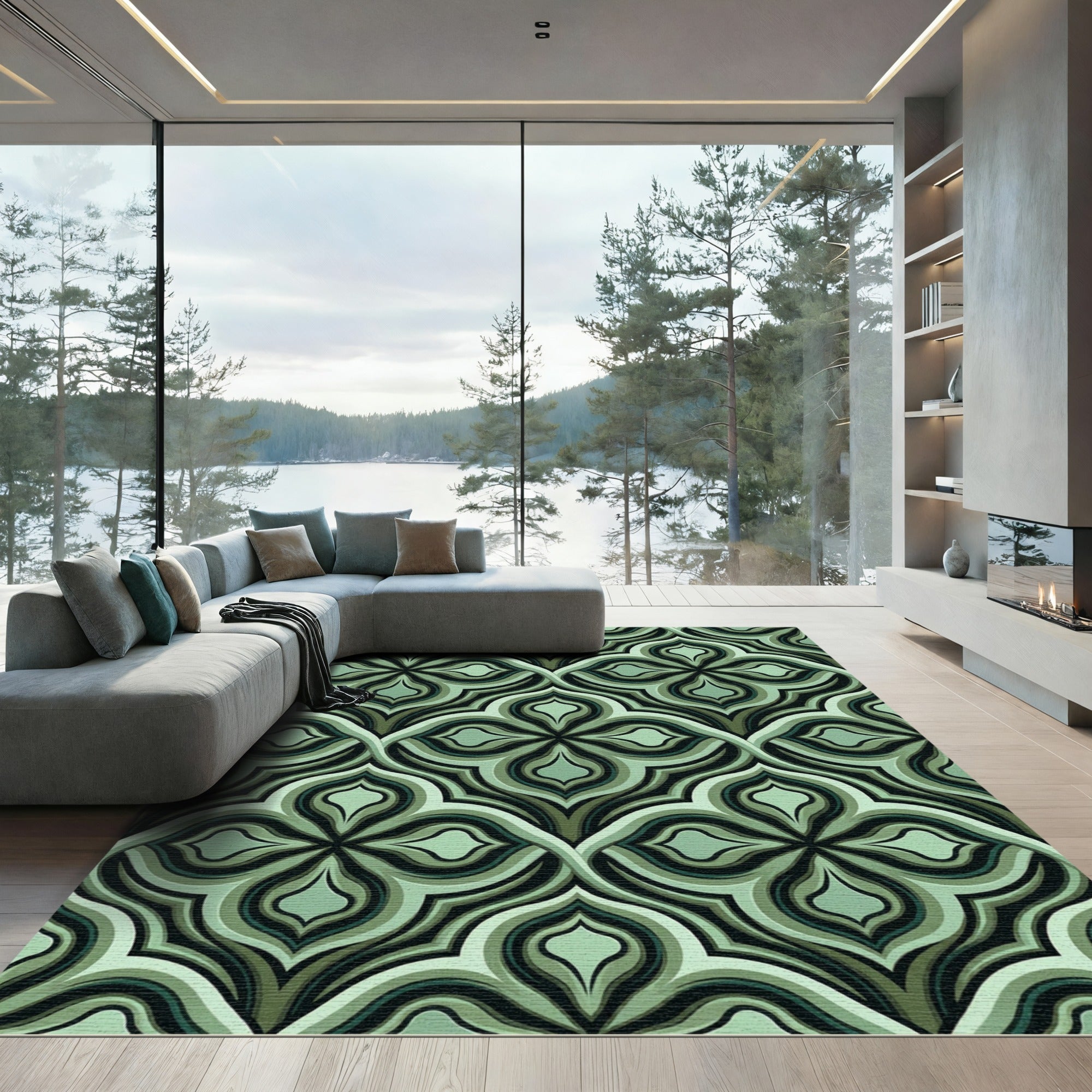Sage Green Geometric Quatrefoil Lattice Rug