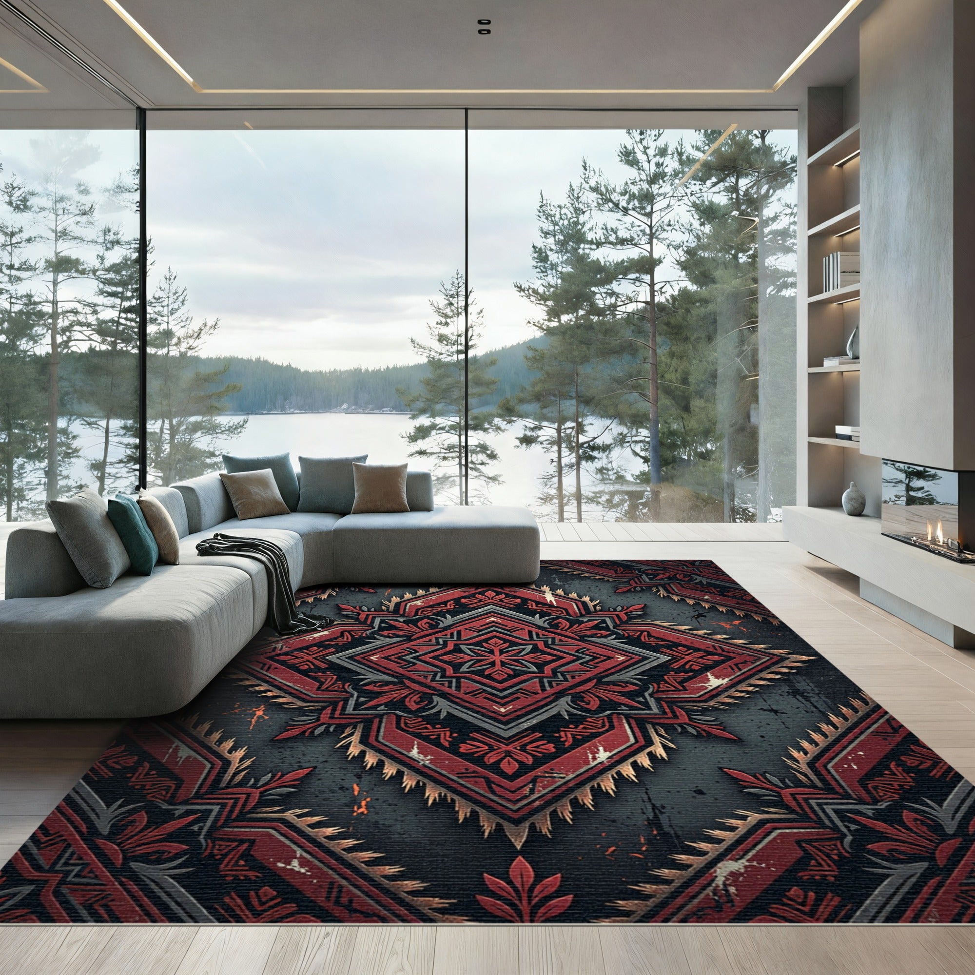 Crimson Geometric Diamond Ornamental Tapestry Rug