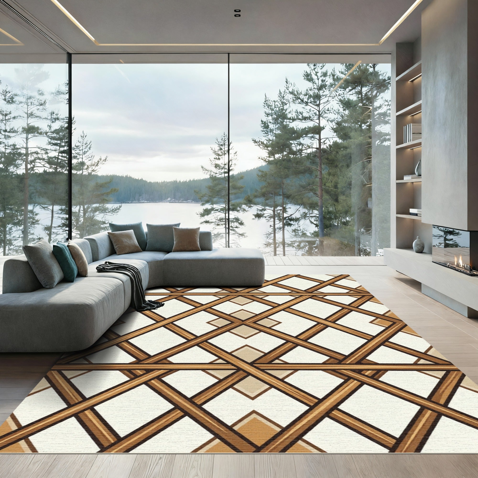 Geometric Beige and Brown Lattice Rug
