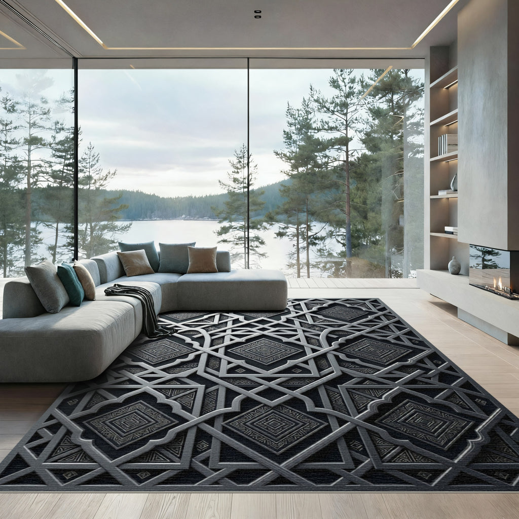 Metallic Silver Geometric Filigree Art Rug