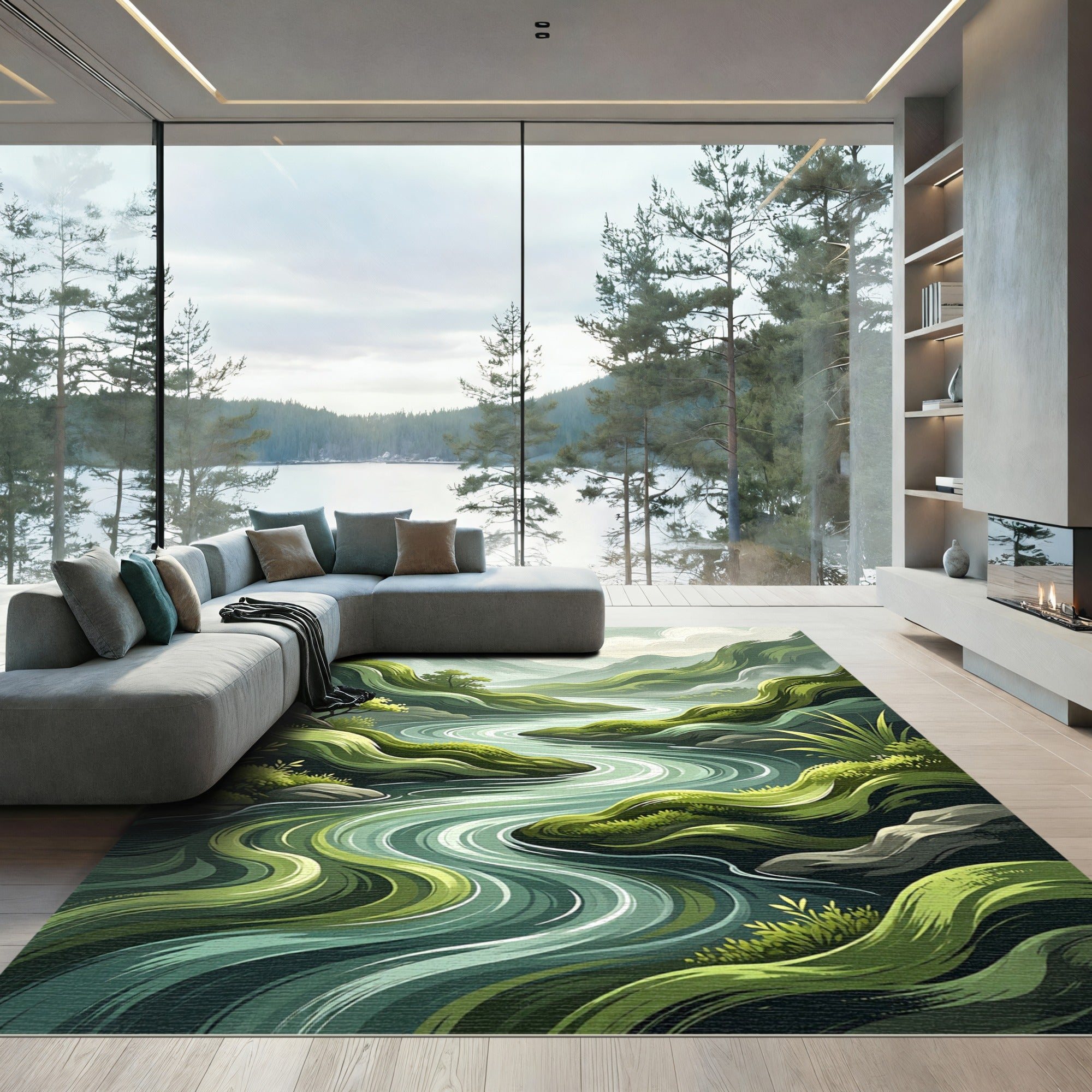Serene Verdant Mountain River Landscape Rug