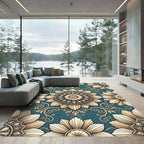 Elegant Teal Gold Floral Medallion Rug