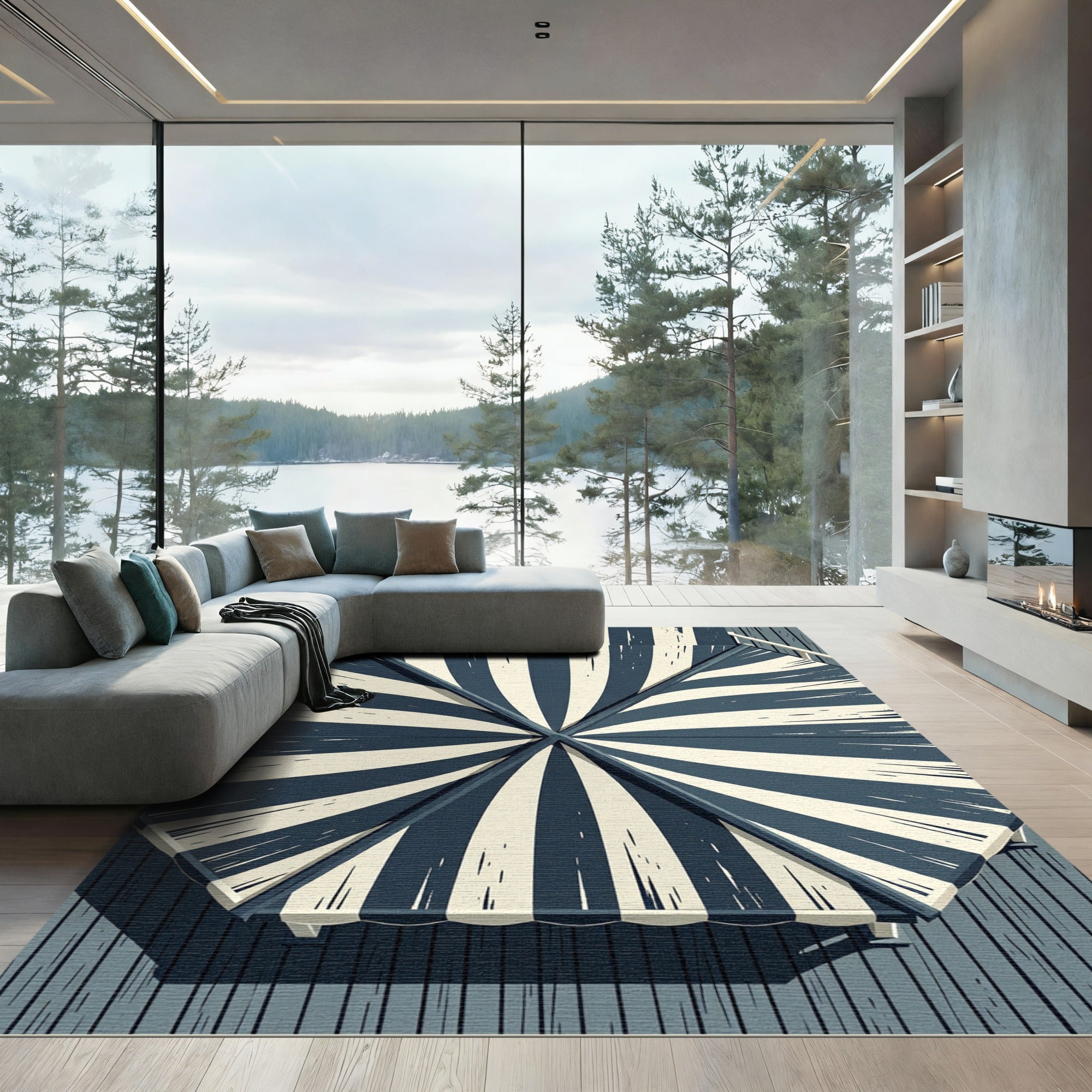 Navy Cream Sunburst Stripe Rug