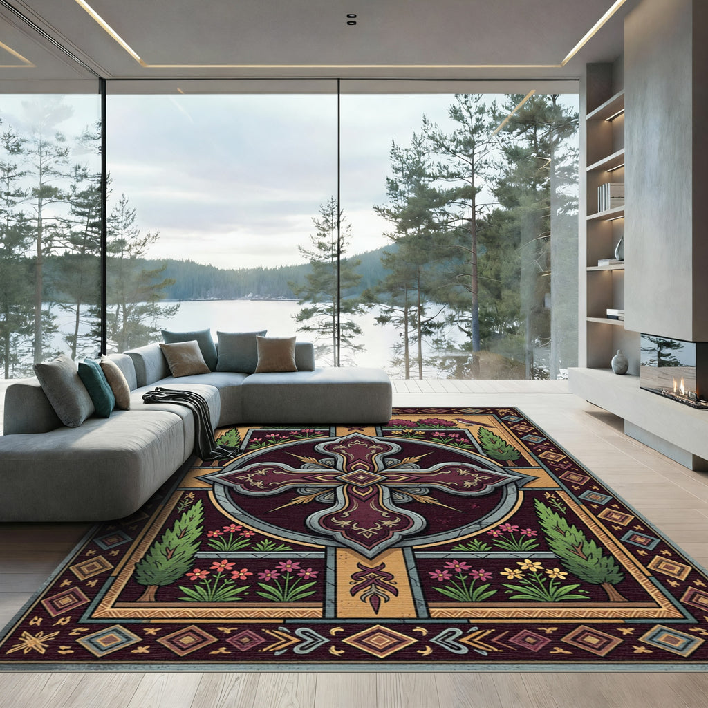 Ornate Burgundy Cross Floral Garden Rug