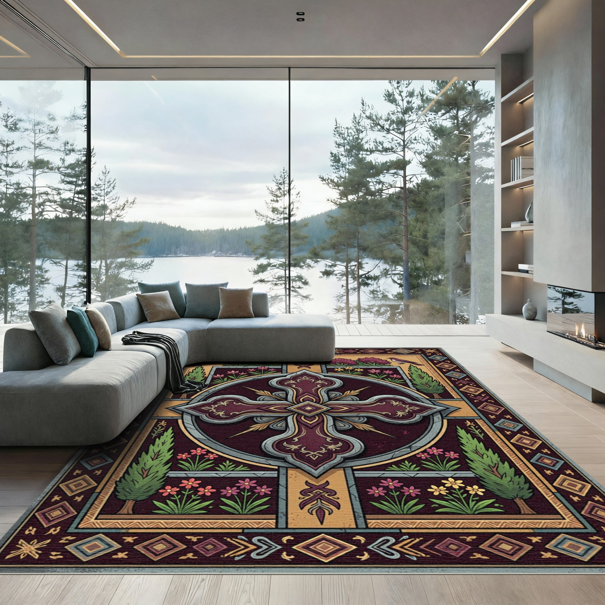 Ornate Burgundy Cross Floral Garden Rug