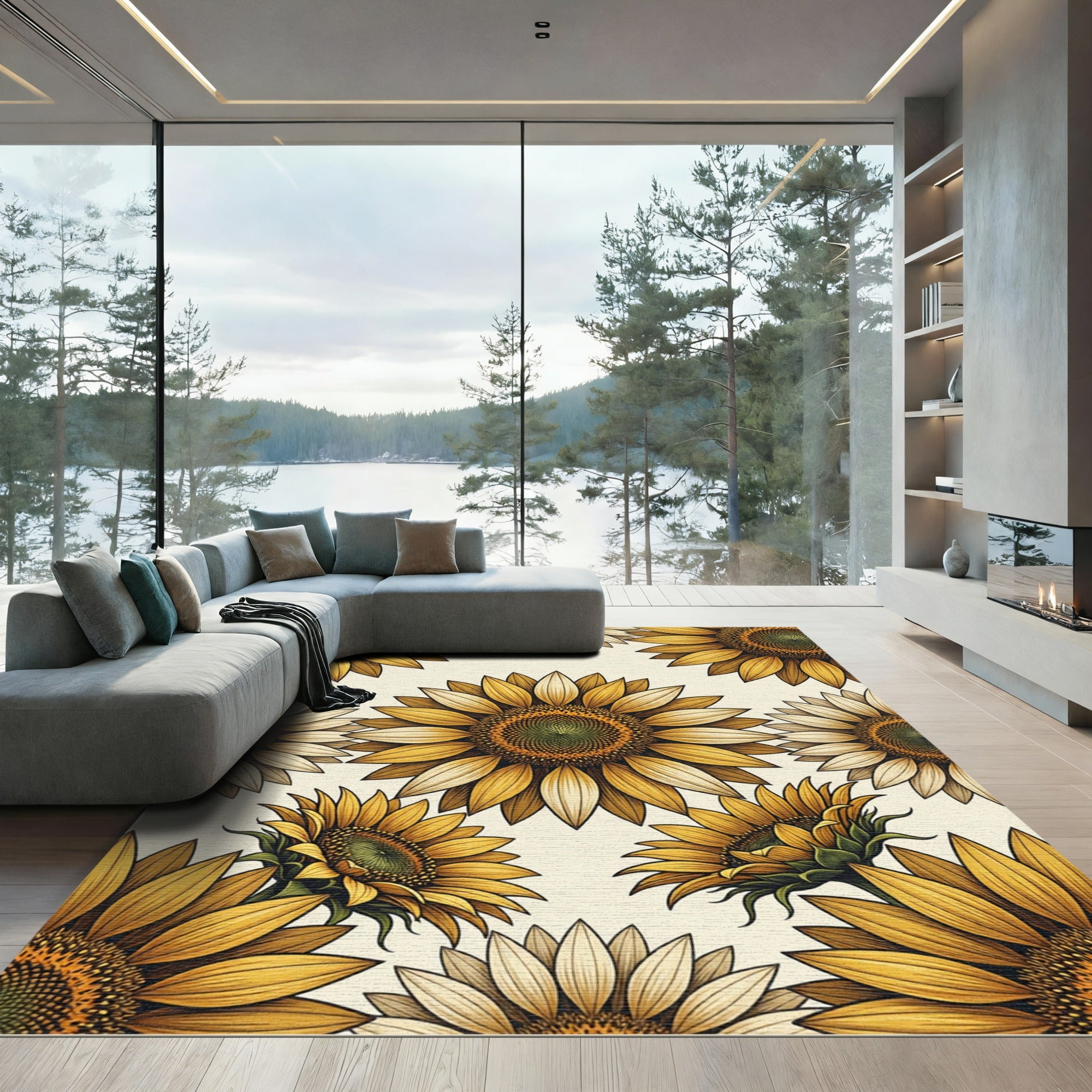 Golden Yellow Sunflower Bloom Composition Rug