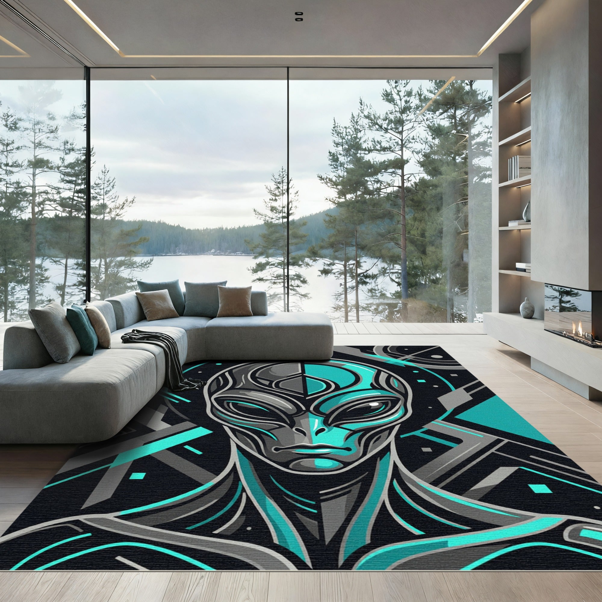 Futuristic Teal Gray Alien Geometric Radiance Rug