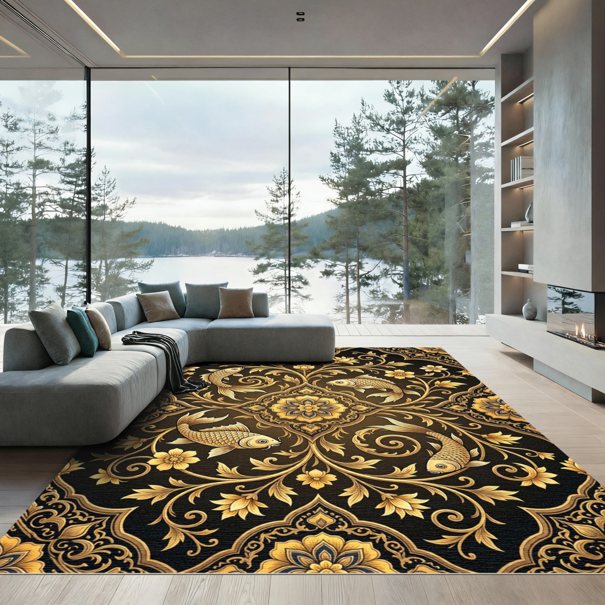 Gilded Fish and Floral Medallion Rug