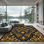 Ornate Gold Floral Black Scroll Rug