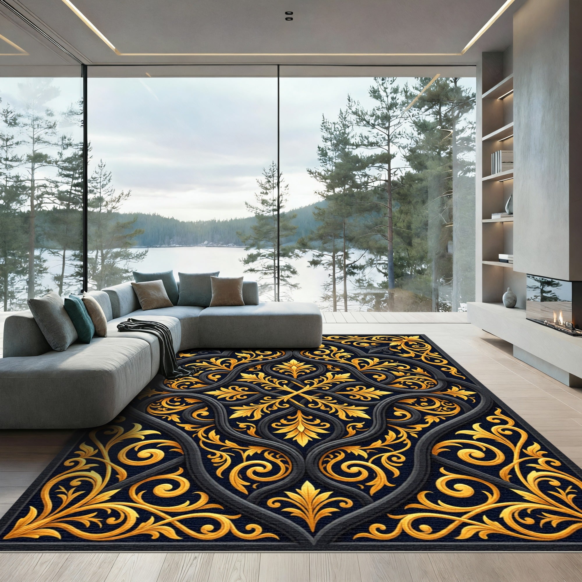 Ornate Gold Floral Black Scroll Rug