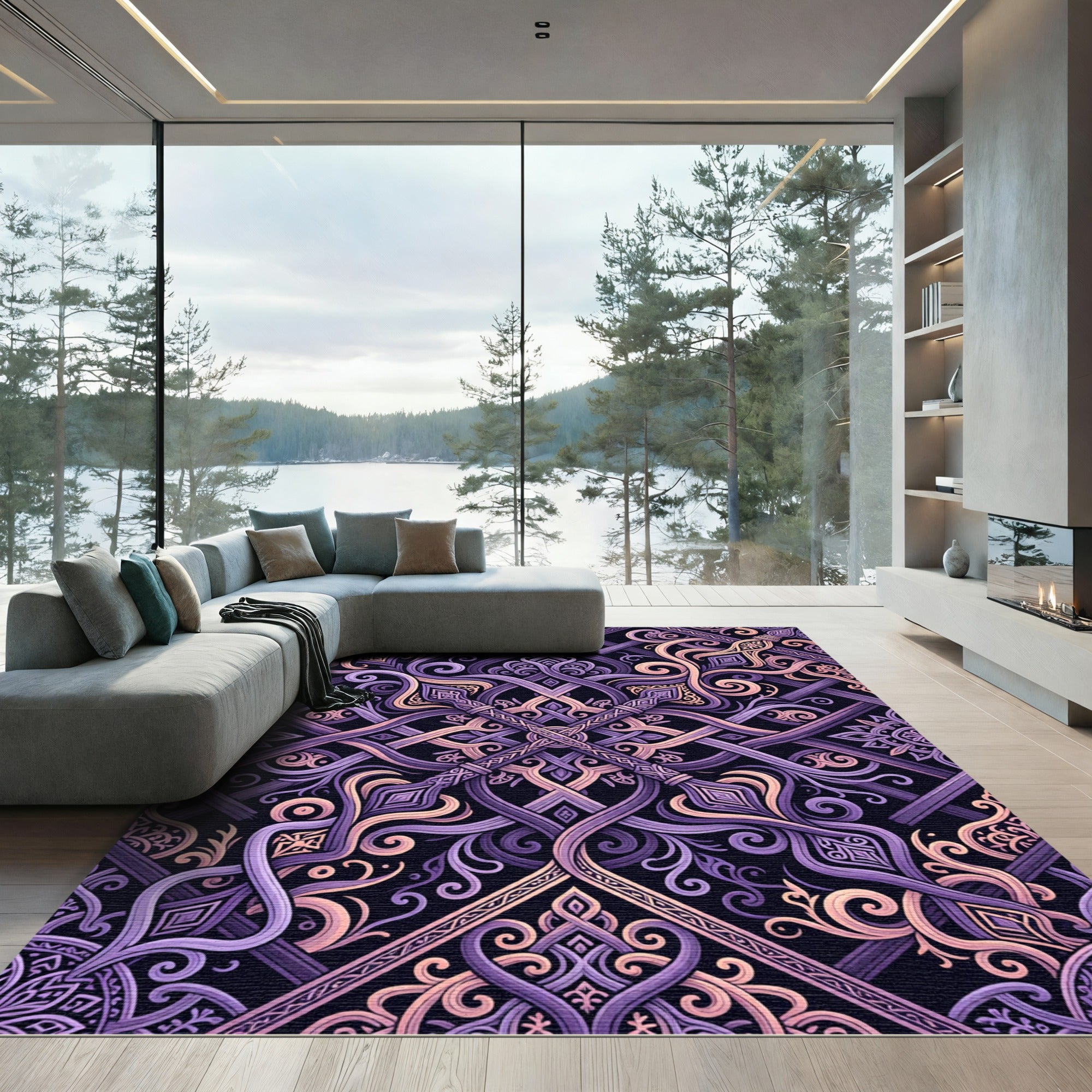 Ornate Plum Violet Interlocking Spear Weave Rug
