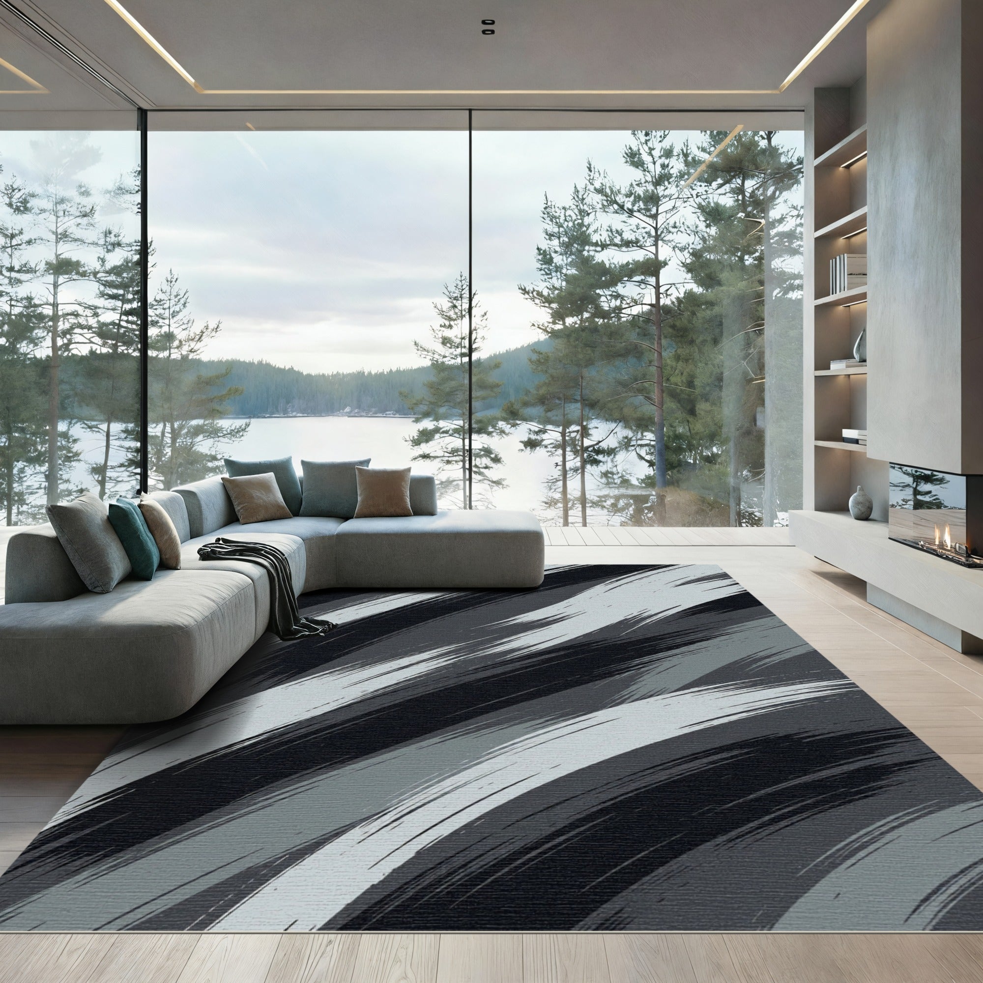 Modern Monochromatic Gray Abstract Brushstroke Rug