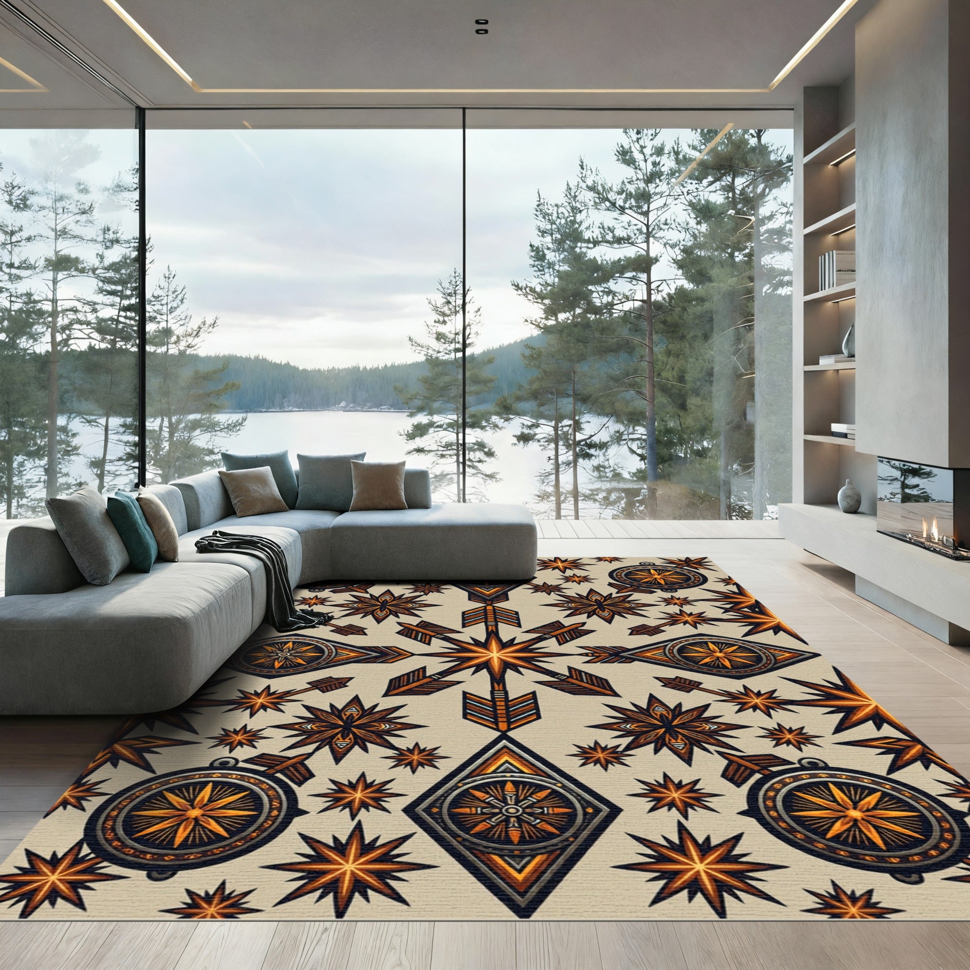 Bronze Star Compass Arrow Tile Rug