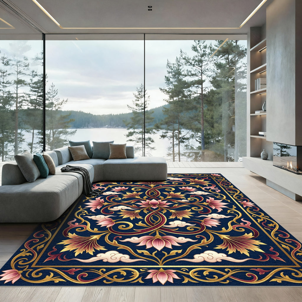 Midnight Gold Lotus Floral Flourish Rug