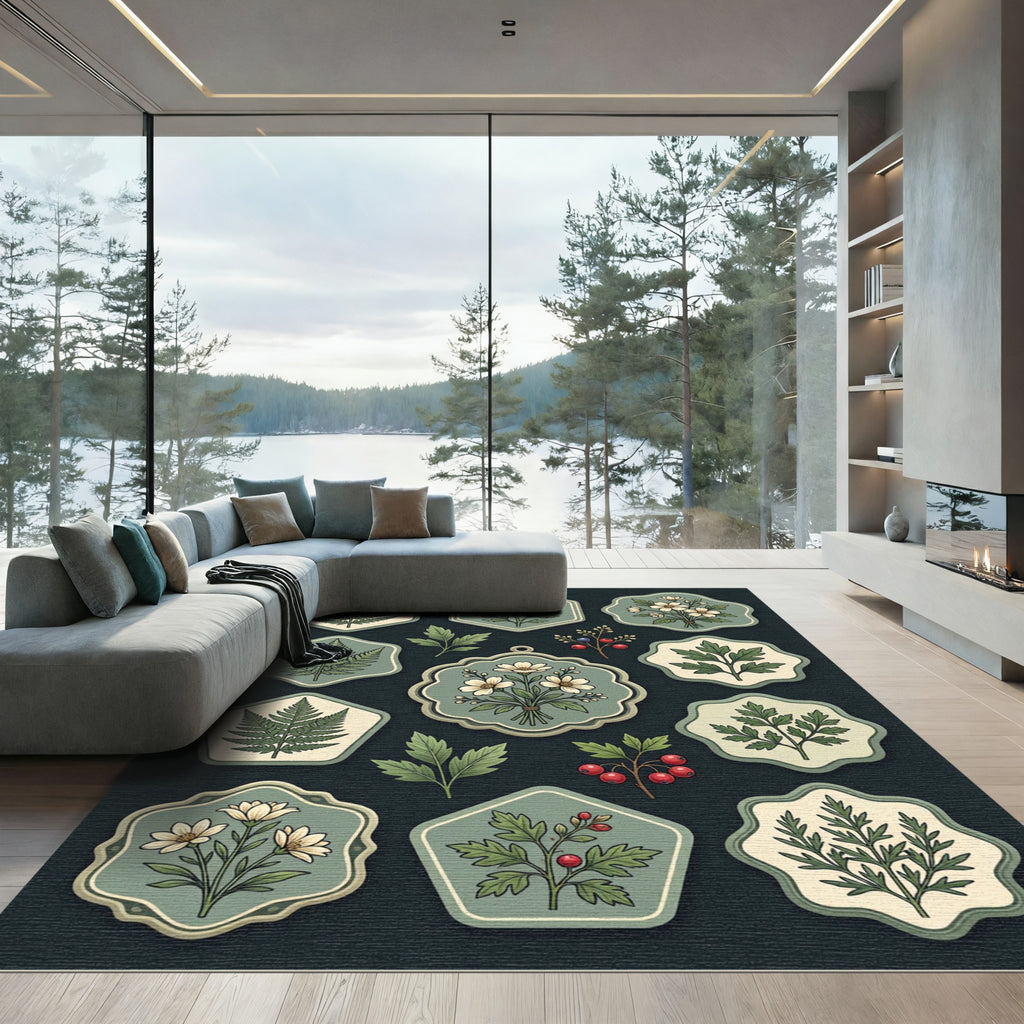 Sage Botanical Fern and Wildflower Illustration Rug
