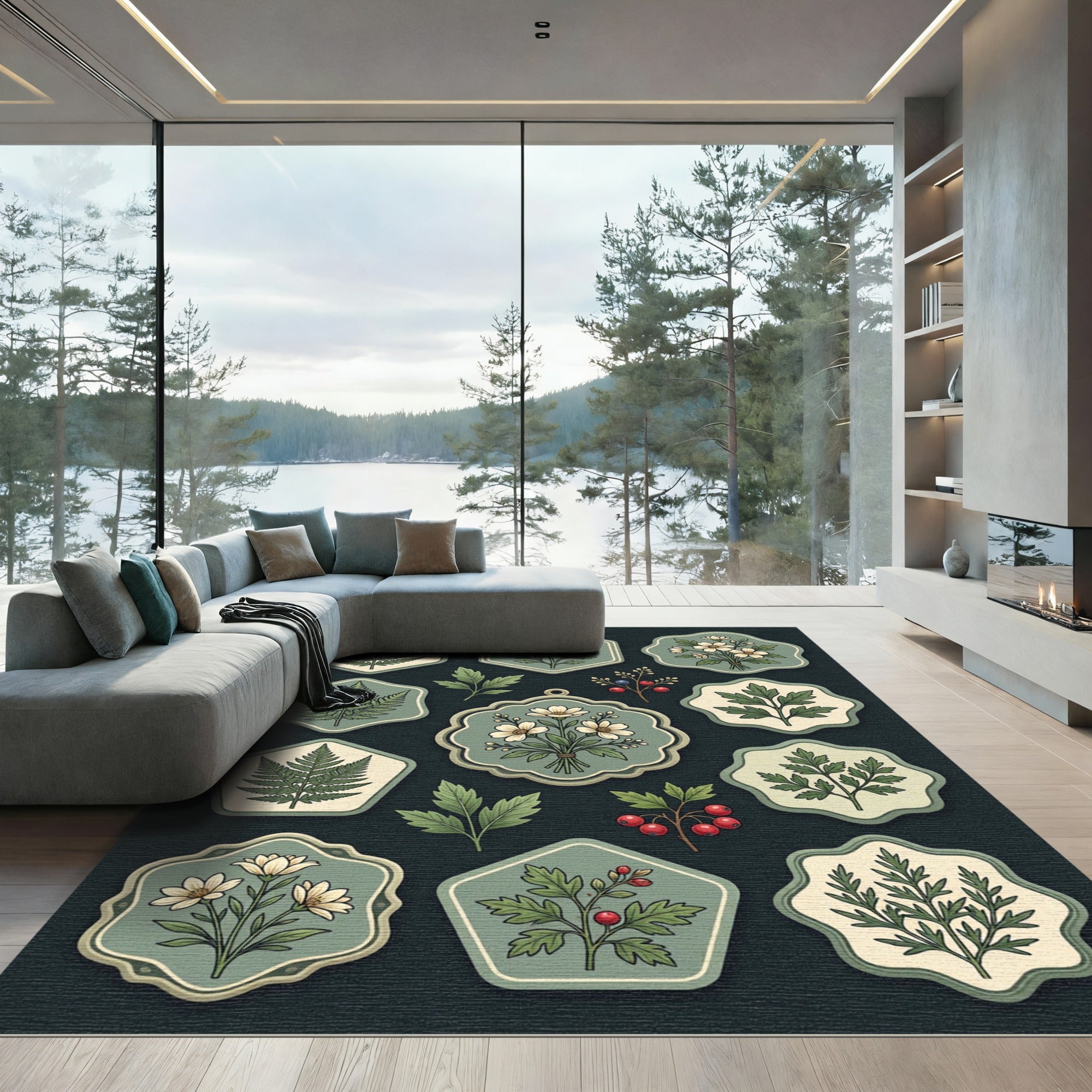 Sage Botanical Fern and Wildflower Illustration Rug