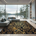 Ornate Gold Black Damask Scrollwork Rug