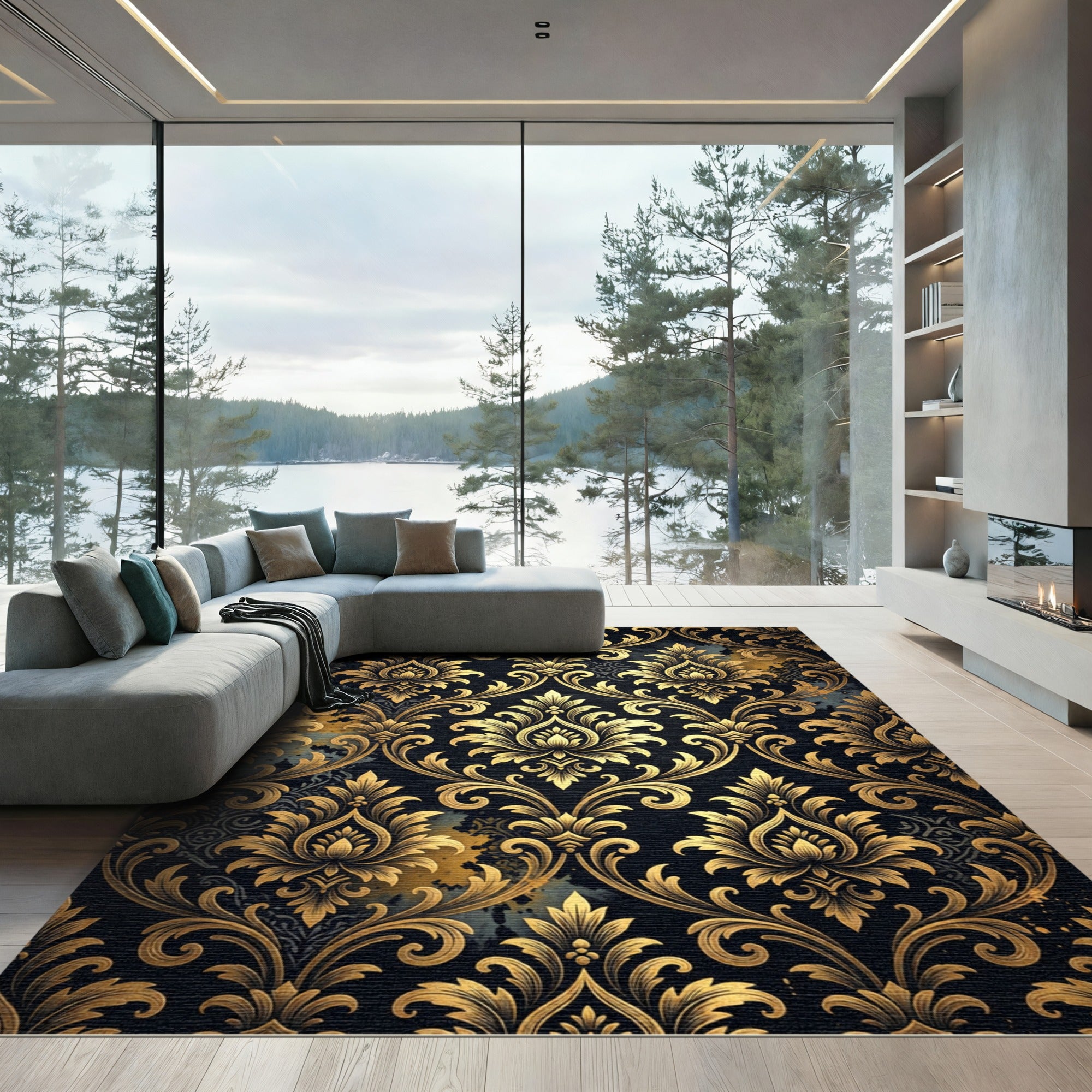 Ornate Gold Black Damask Scrollwork Rug