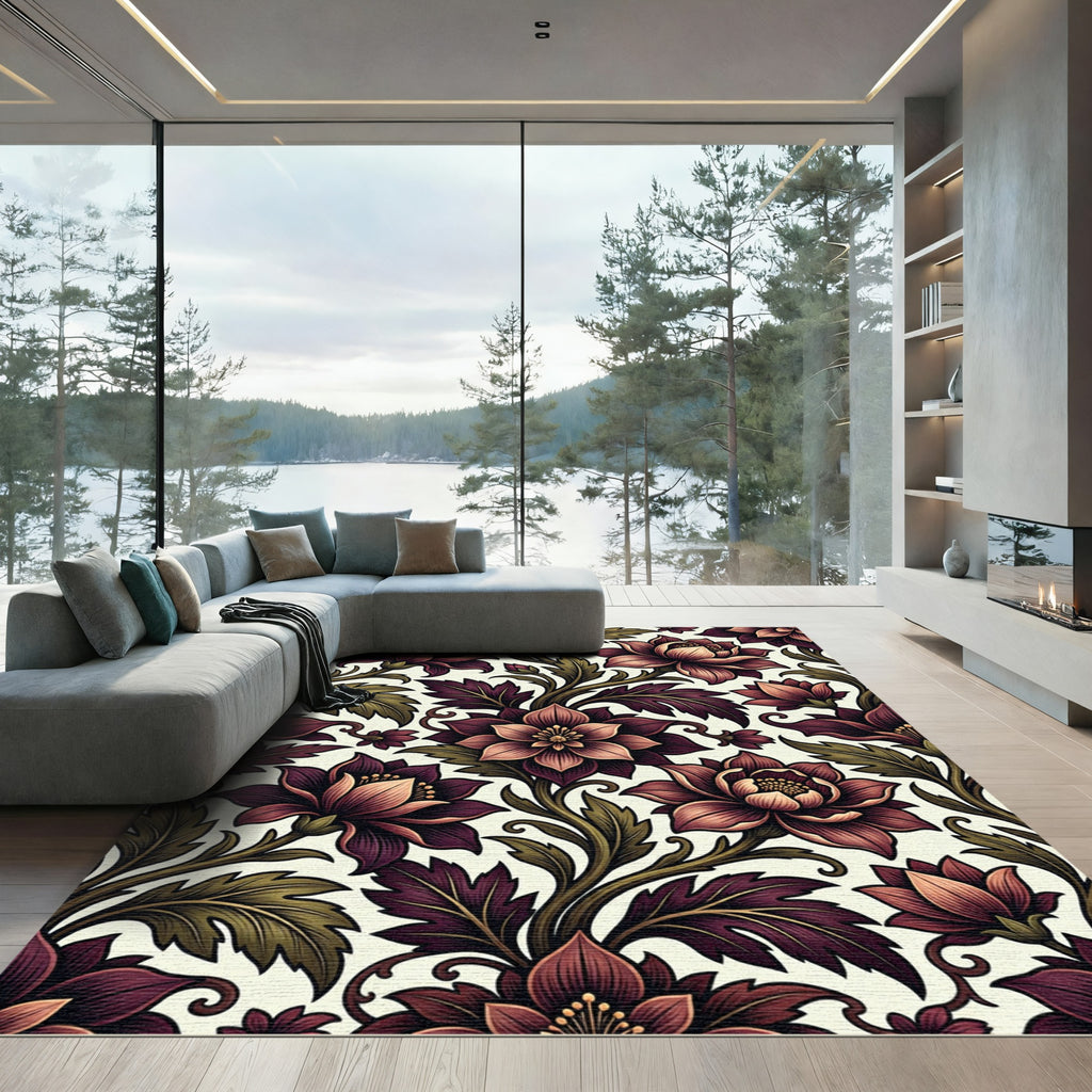 Dark Crimson Botanical Vine Floral Rug