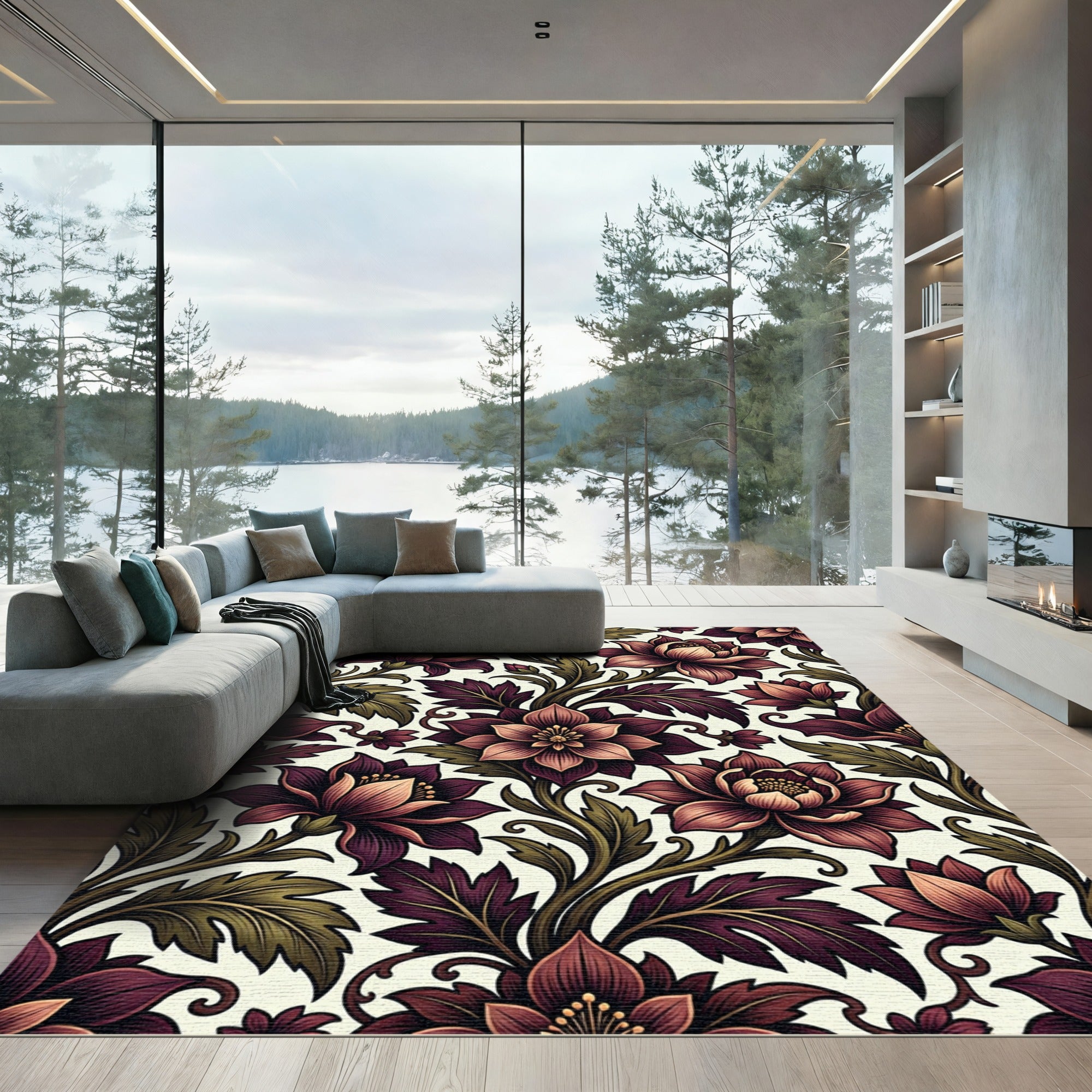Dark Crimson Botanical Vine Floral Rug