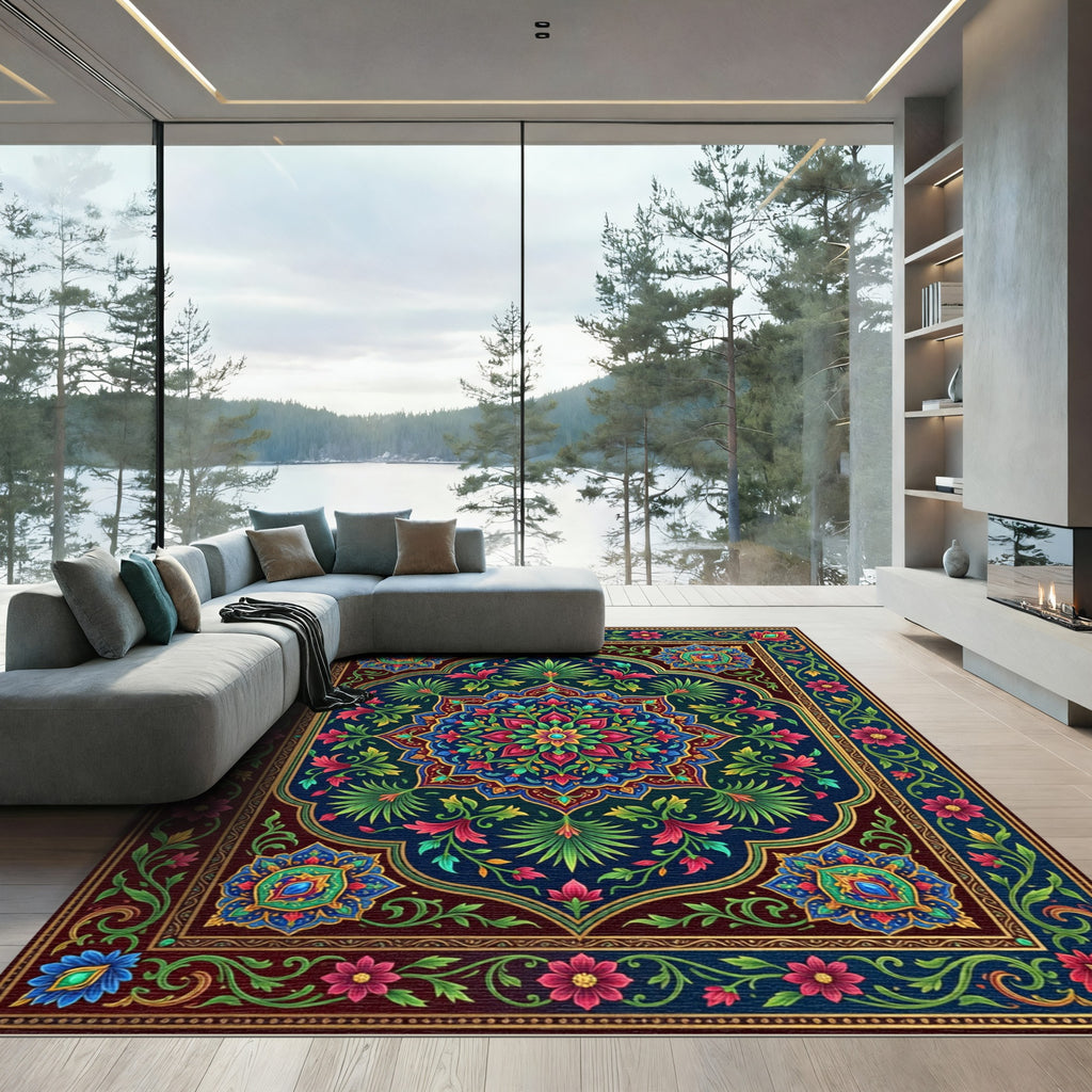 Vibrant Teal Floral Medallion Rug