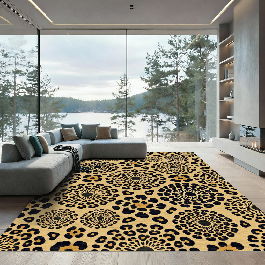 Golden Leopard Floral Mandala Rug