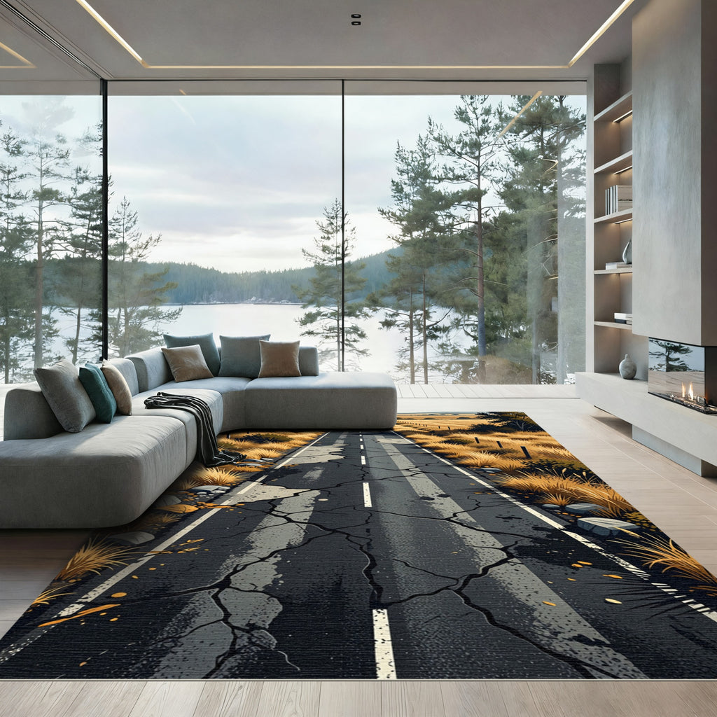 Rustic Cracked Road Golden Field Landscape Rug