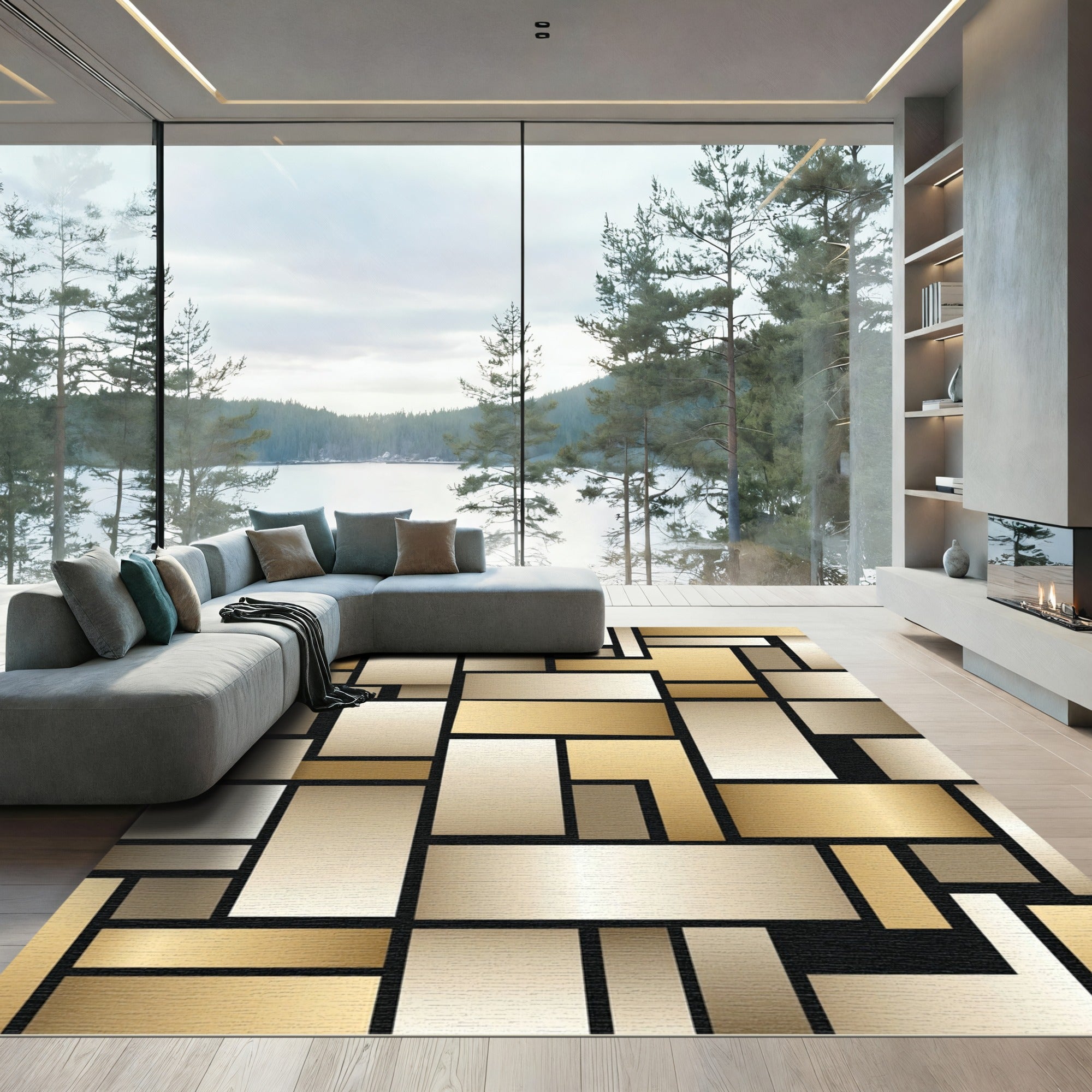 Golden Beige Contemporary Rectilinear Composition Rug