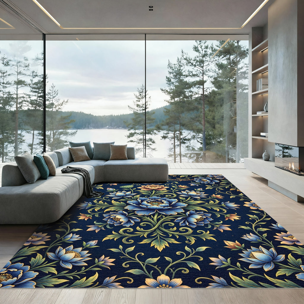 Midnight Blue Floral Lotus Vine Rug