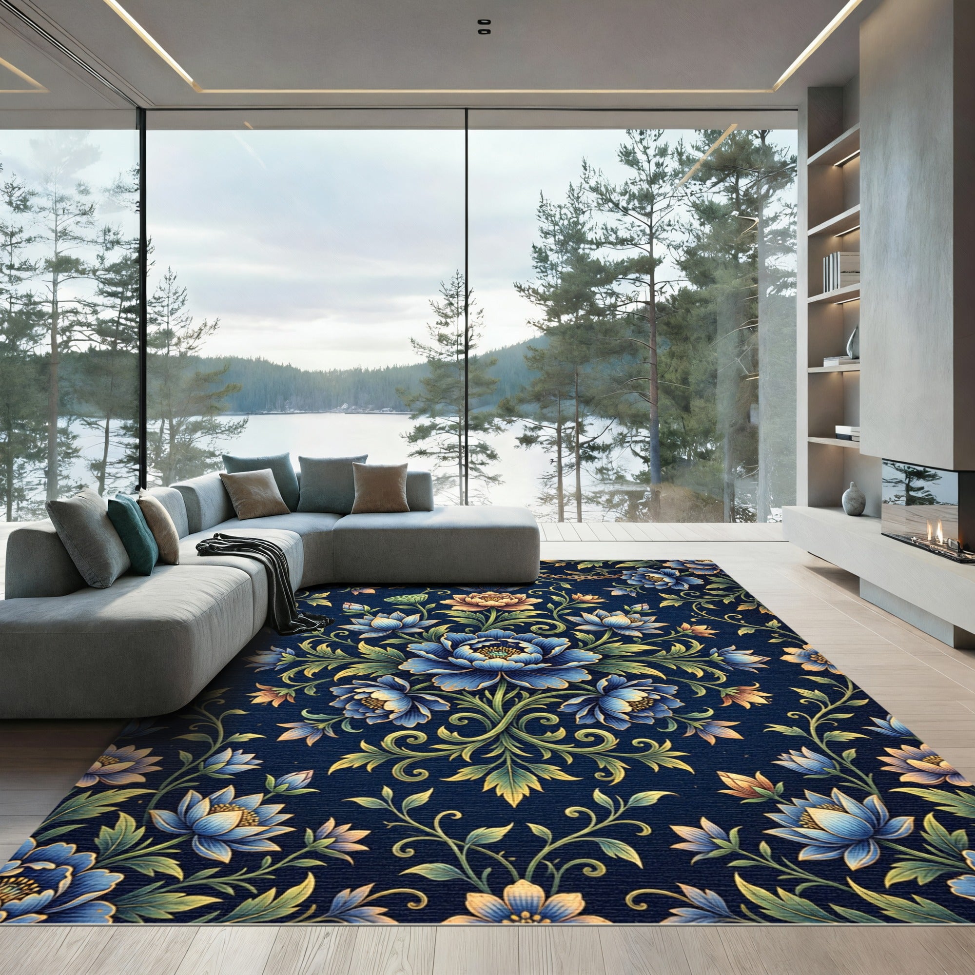Midnight Blue Floral Lotus Vine Rug