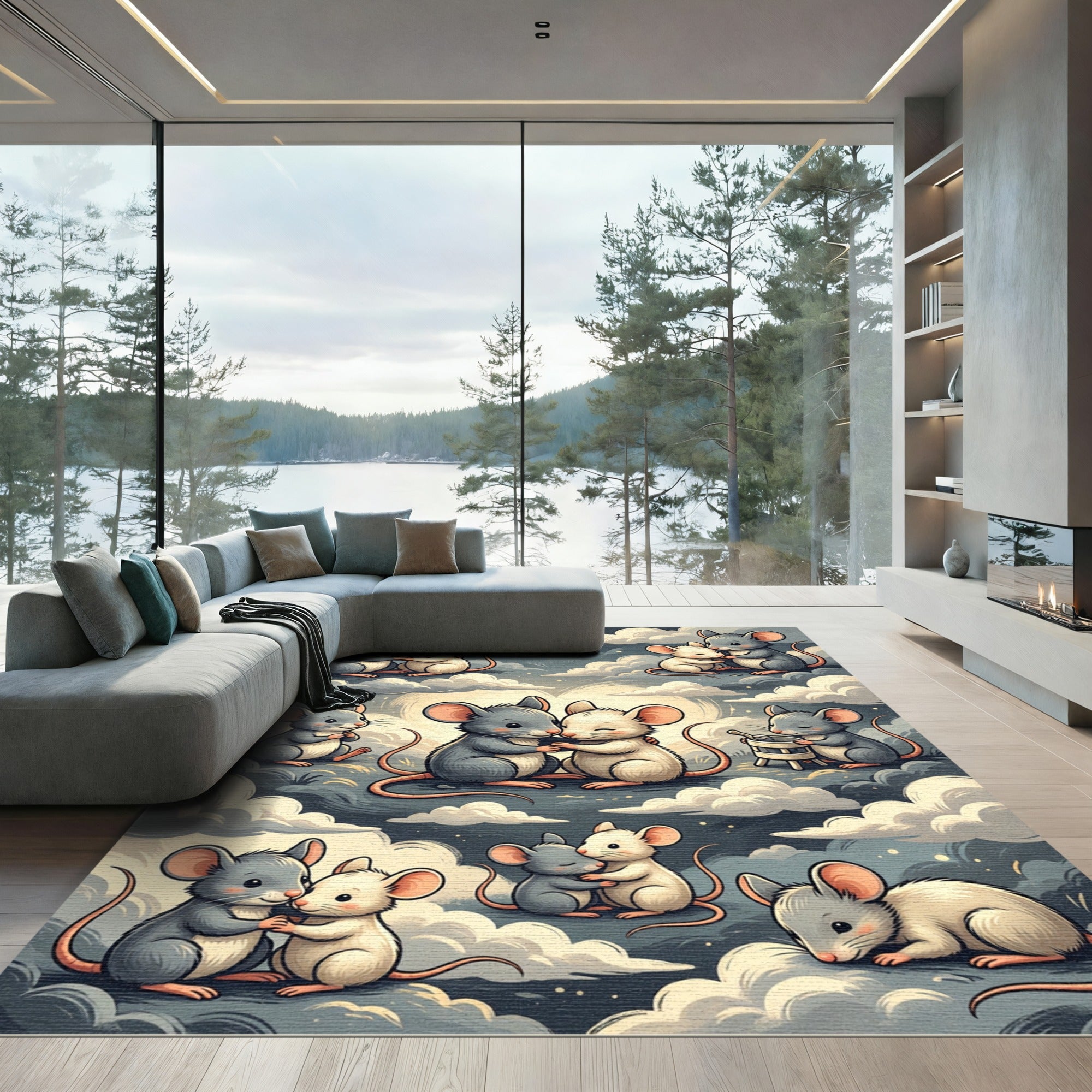 Whimsical Grey White Mouse Cloud Hug Rug