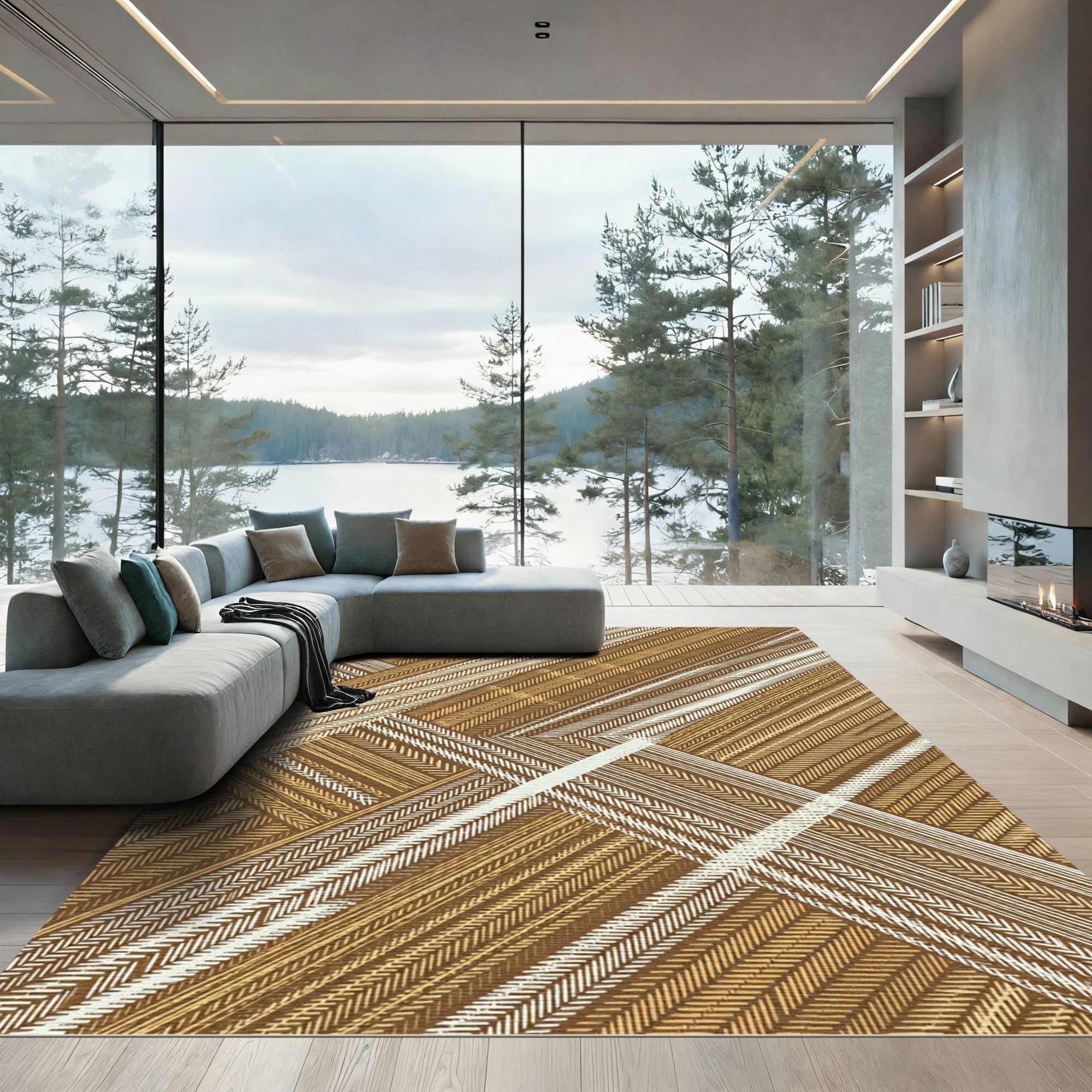 Earthy Brown Herringbone Textured Plaid Rug