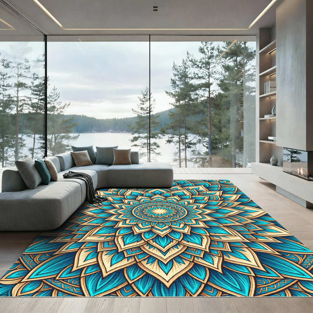 Teal and Gold Radiant Petal Mandala Rug