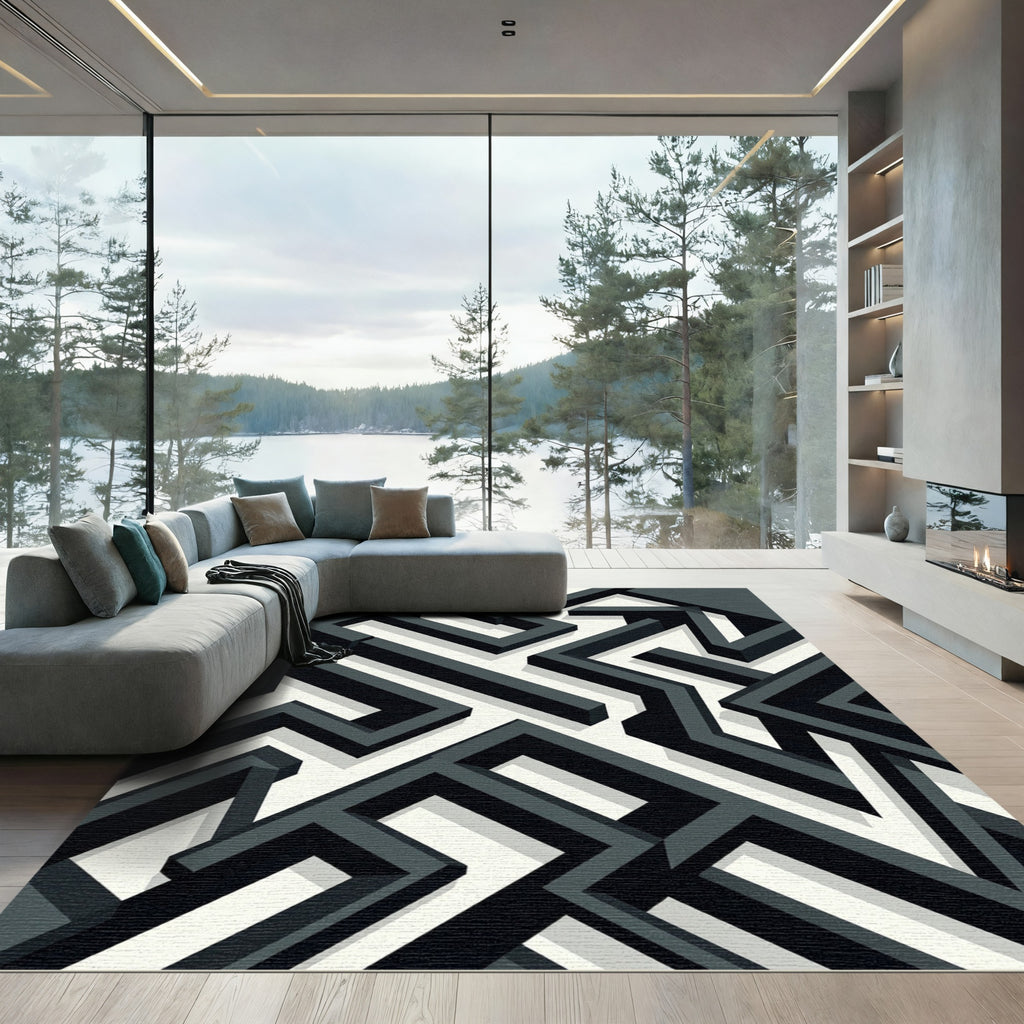 Monochrome Geometric Interlocking Labyrinth Art Rug