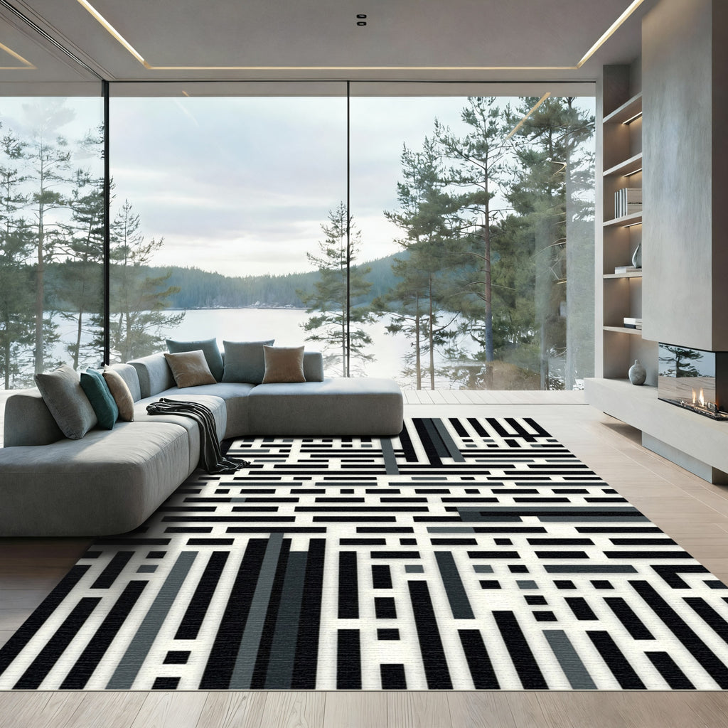 Black Gray Abstract Rectangular Grid Rug