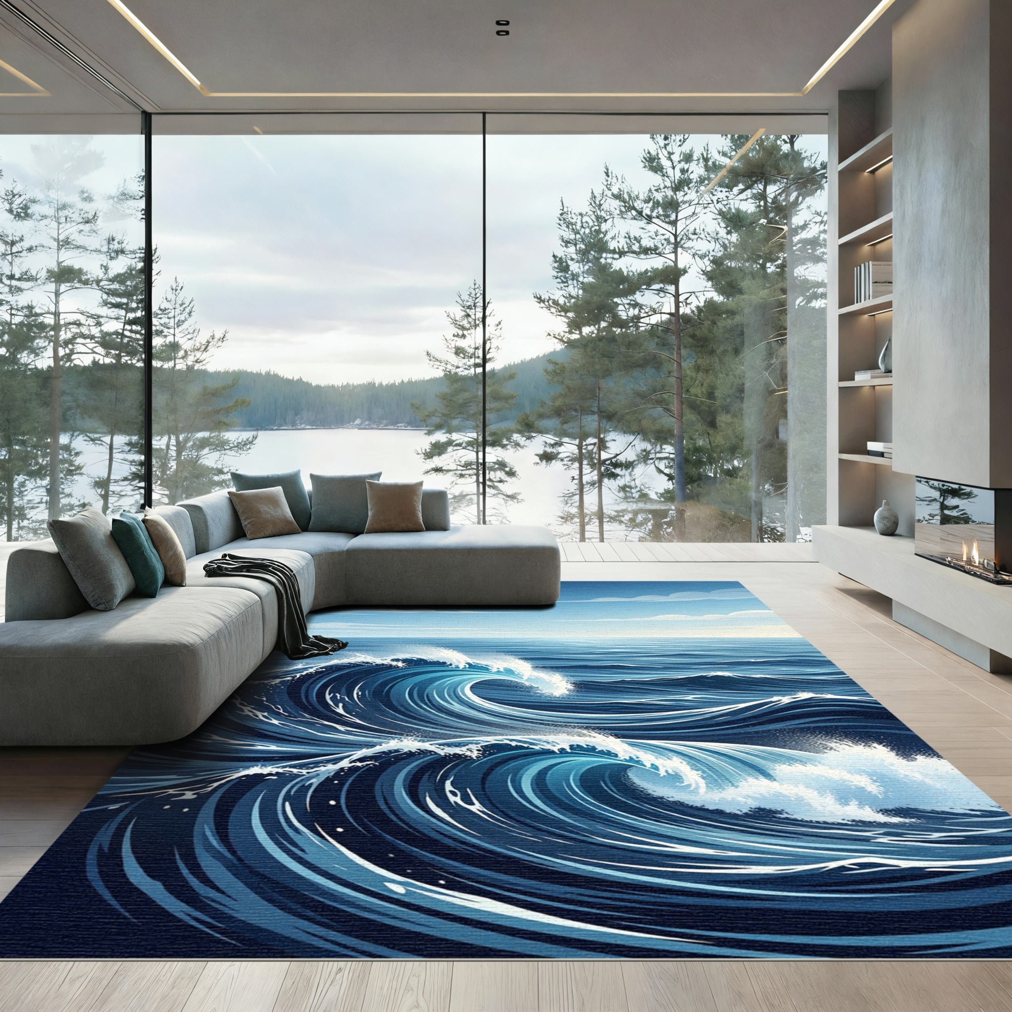 Deep Blue Curving Ocean Wave Rug