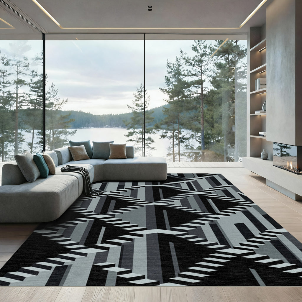 Monochrome Geometric Optical Illusion Staircase Rug