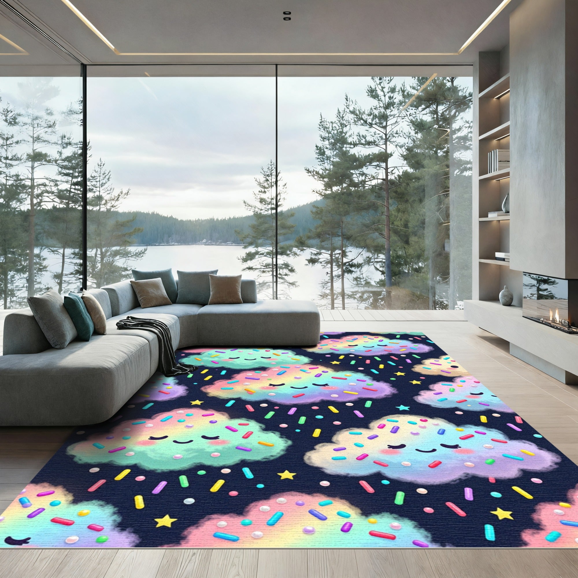 Whimsical Rainbow Cloud Pastel Sprinkle Sky Rug