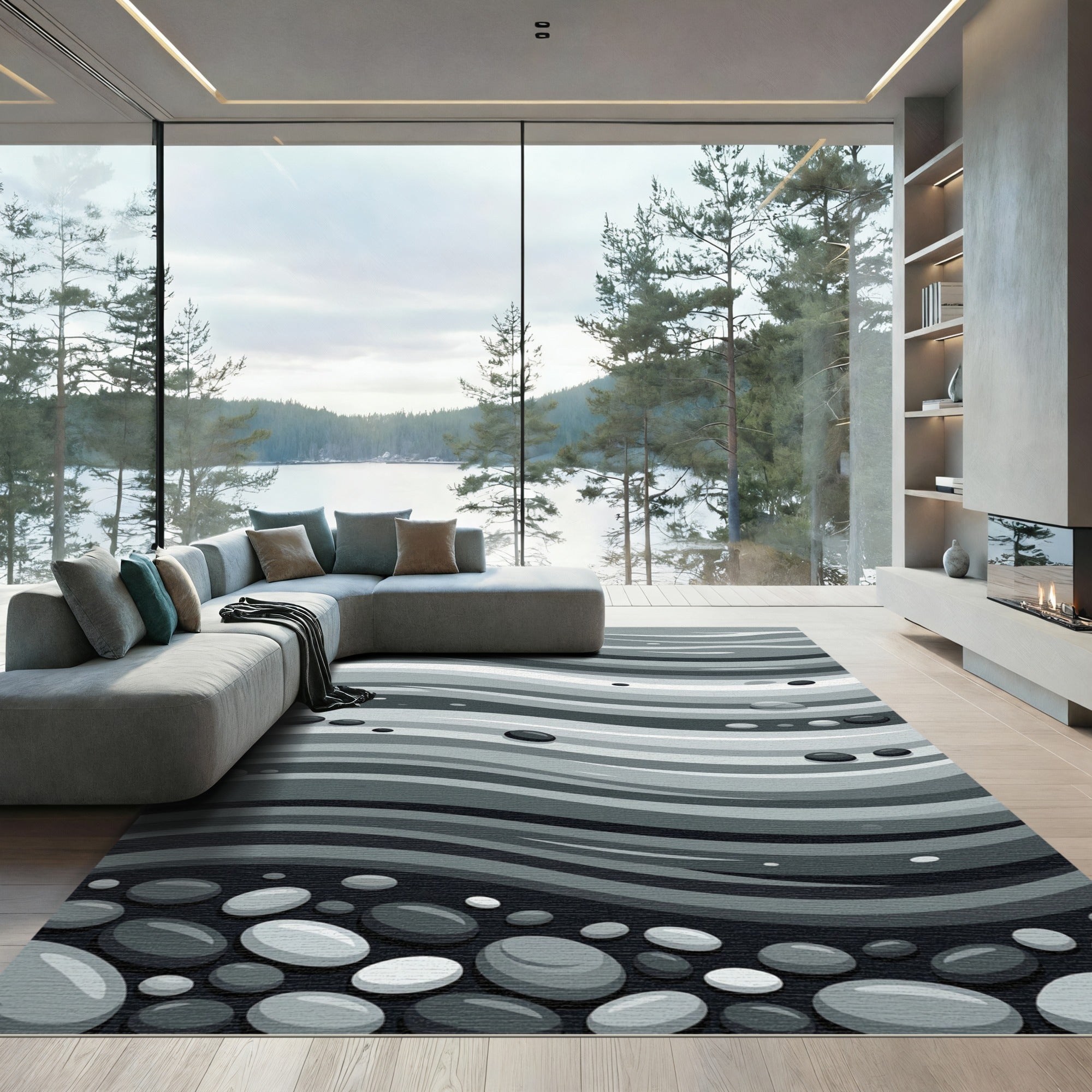 Monochrome Wavy River Stone Swells Rug