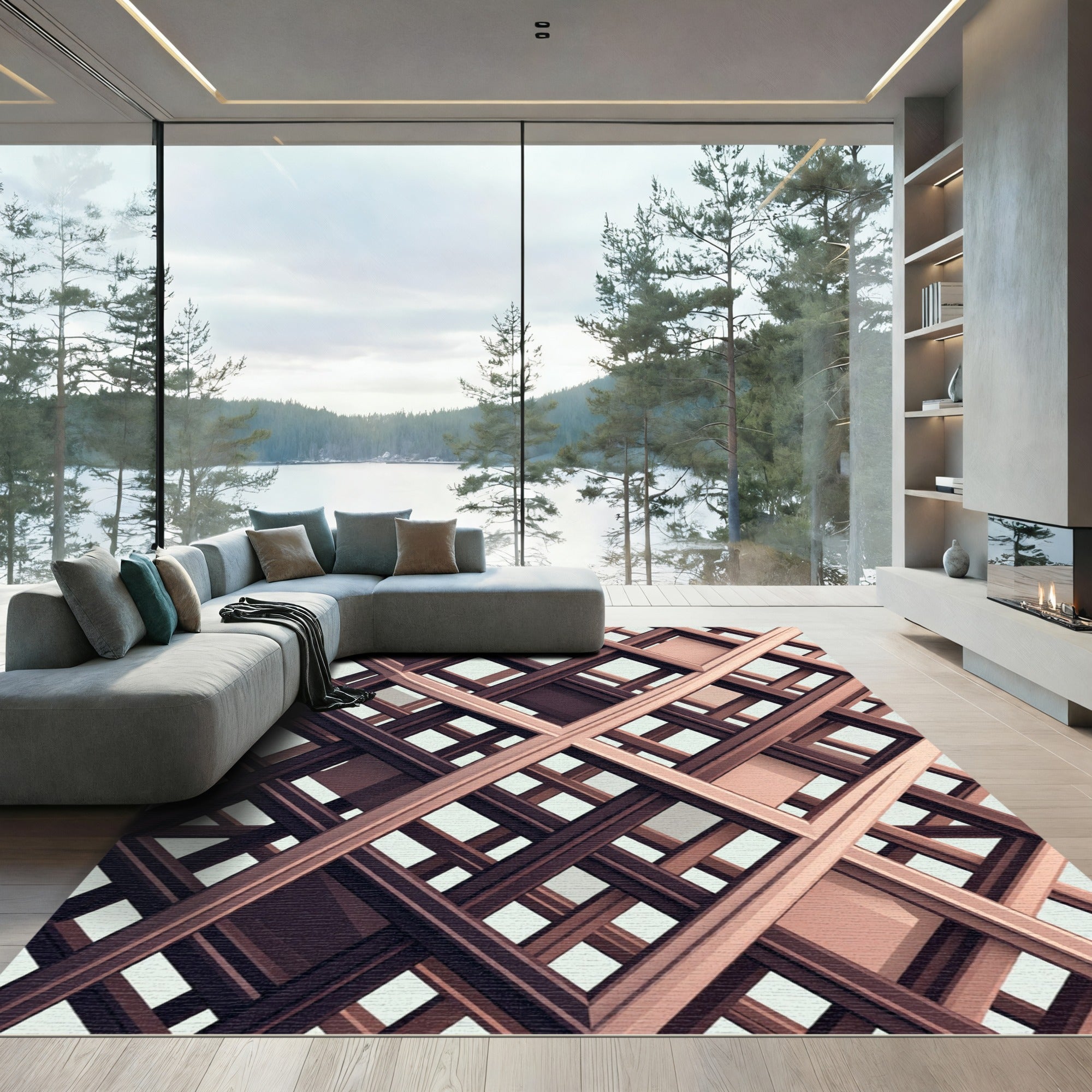 Bronze Geometric Intersecting Lattice Grid Rug
